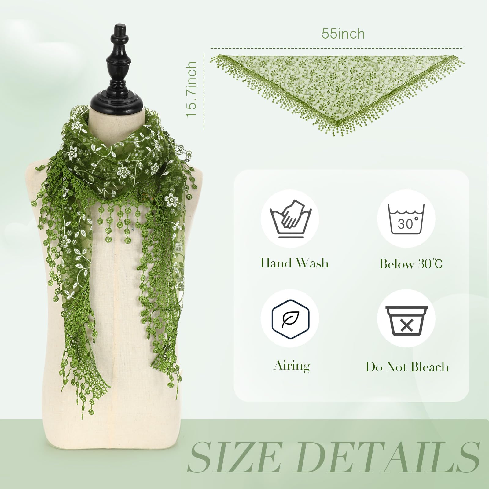 Bufanda de encaje para mujer, bufanda de encaje triangular, chal floral, bufanda de encaje para la cabeza, bufanda ligera de moda, bandana de encaje, Verde 4