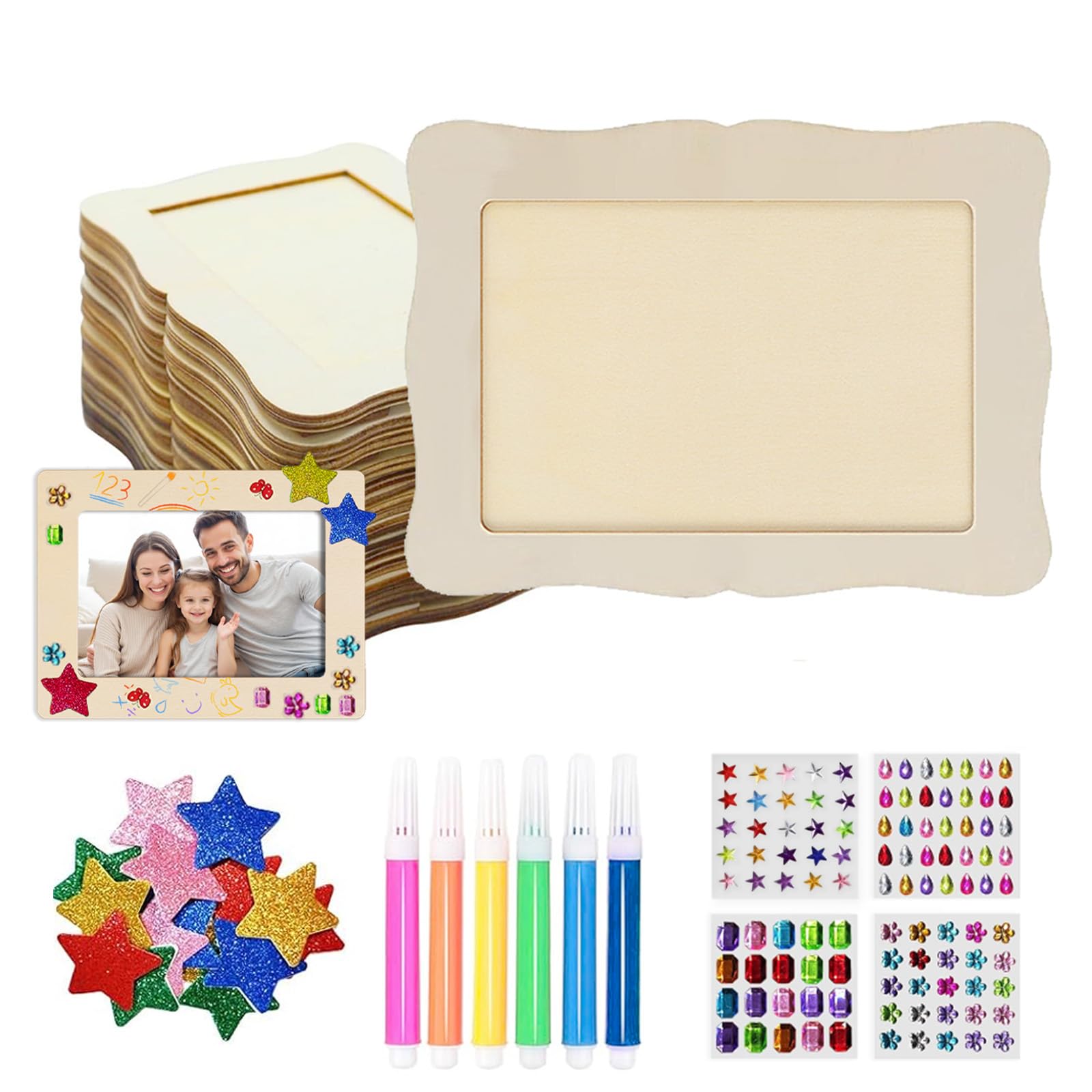 Haosjiny B Paint Your Own Photo Frame Set Of 10, Premium Wooden Frames For Craft, Diy Photo Frame Keepsake Craft Kit With Glitter Stones, Stickers, Colorful Rushes For Kids Party Classroom Activities (B)