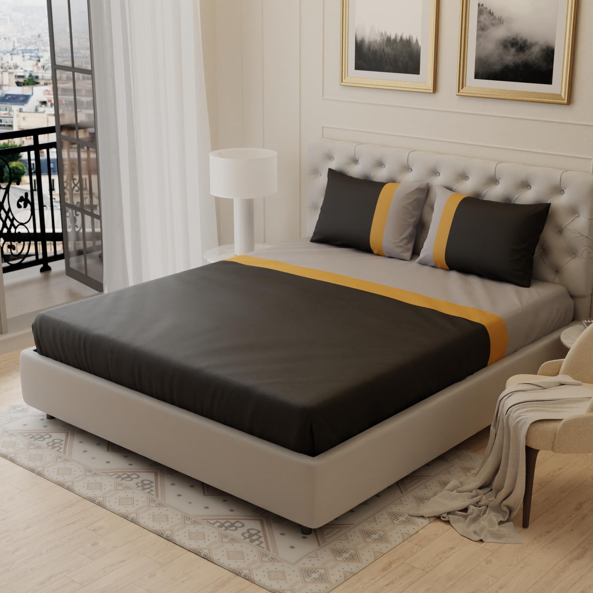 Stoa Paris Solid Bedsheets for King Size Bed, 300 TC Vogue Tricolor Satin Bedsheet with 2 Pillow Covers, Quick Dry, Home & Living Room, Gifting for Birthday, Housewarming - Black-Yellow-White