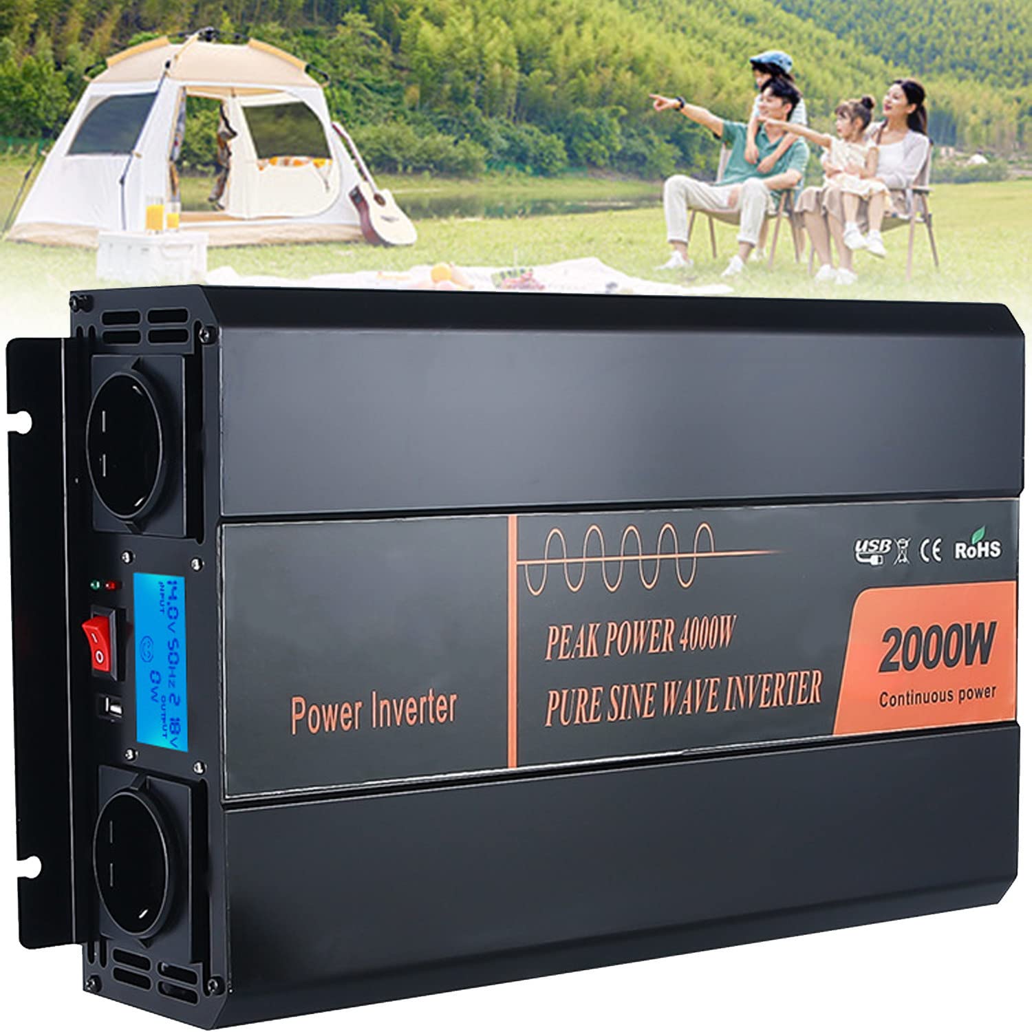 2000W 3000W 4000W 5000W falownik czysta fala sinusoidalna 12V 24V 48V do 230V przetwornica napięcia samochodowego przetwornica napięcia z ekranem LCD i 2 portami USB,2000W-48Vto230V