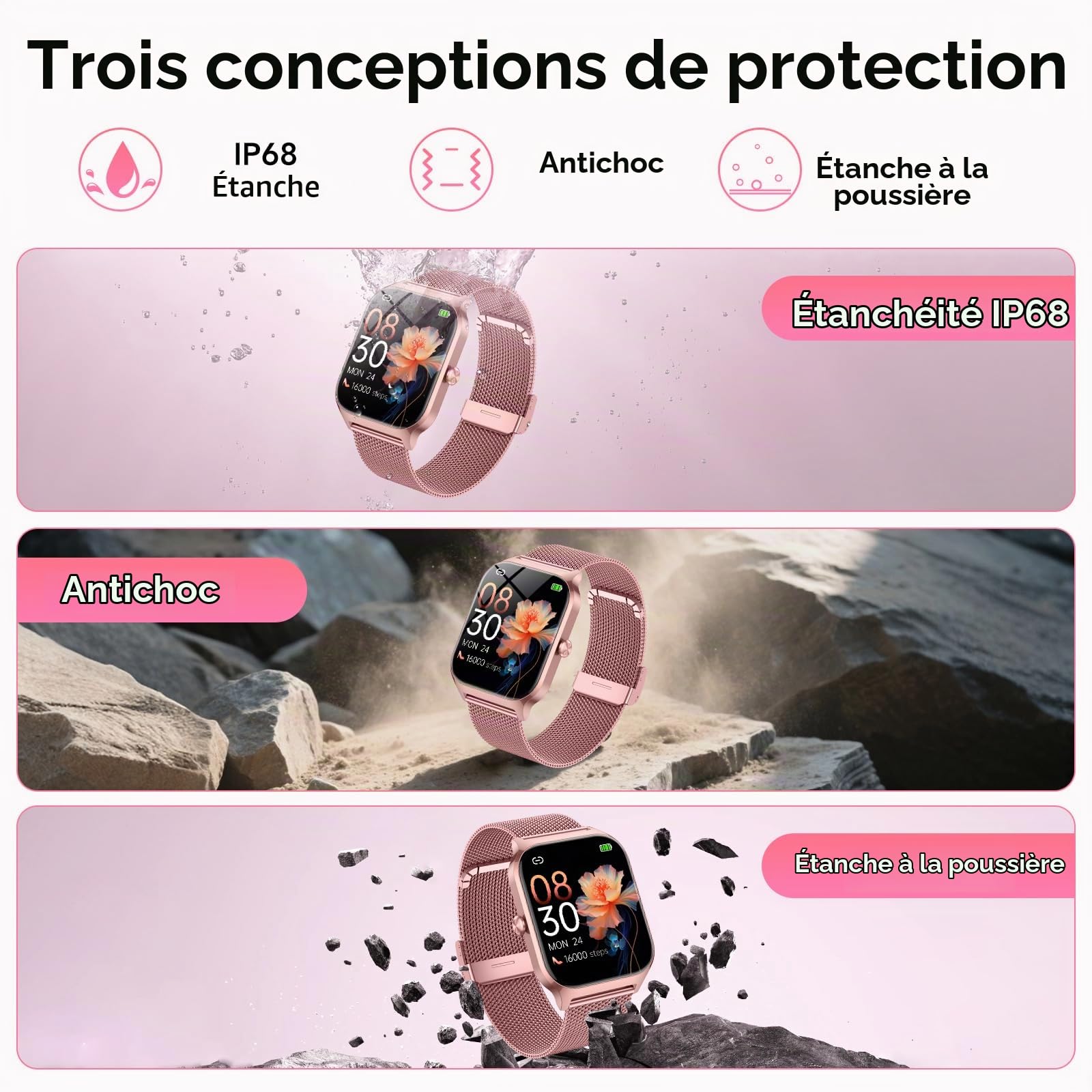 CASCHO Montre Connectée Femme avec Appel Bluetooth, 1.85" HD Smartwatch Femme avec Fréquence Cardiaque/Sommeil/SpO2, 120+ Modes Sportifs, IP68 étanche, Fitness Tracker Watch pour Android iOS-Or Rose