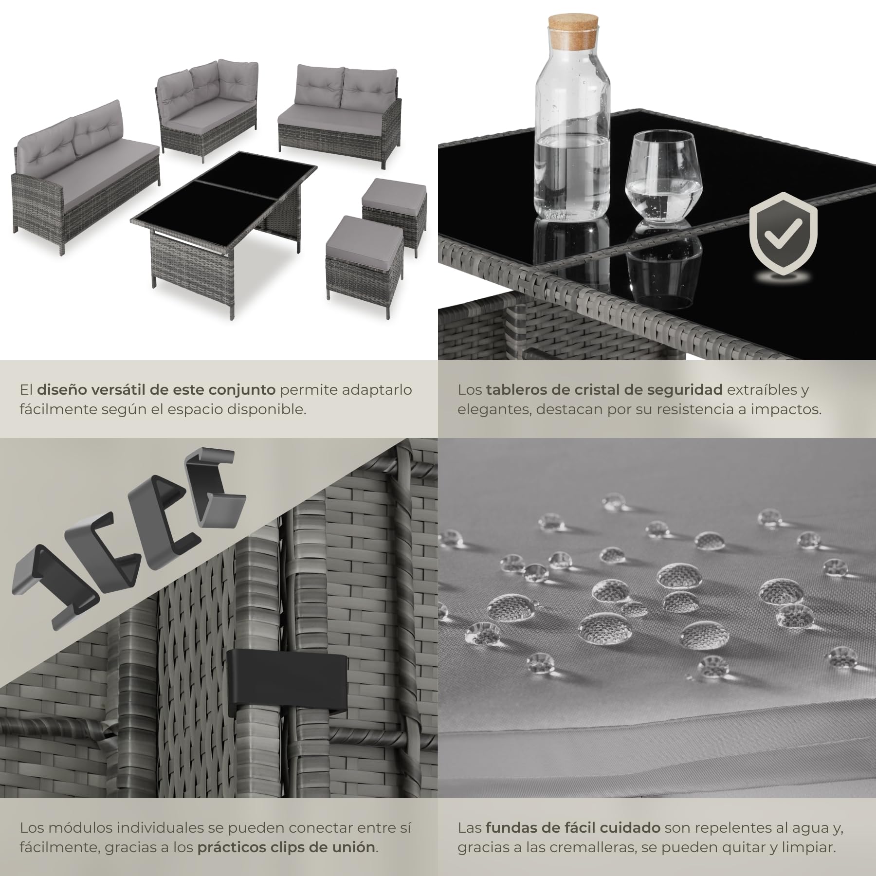 tectake® Conjunto Jardín de Ratán Mesa y Cojines, Conjunto Terraza Resistente a la Intemperie, Muebles Jardín Exterior 5 Piezas, Sofá de Esquina, 2 Taburetes y 1 Mesa - Gris/Beige
