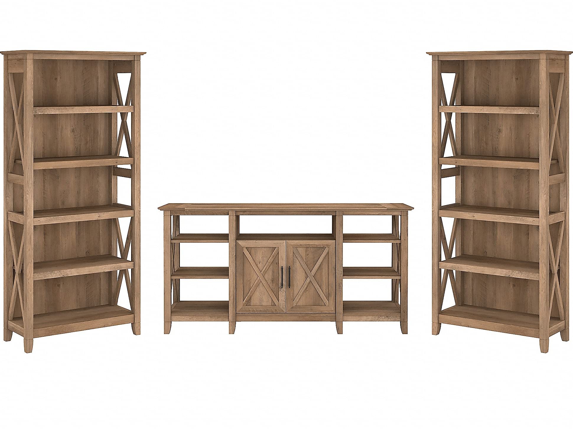 Bush Furniture Key West Tall TV Stand with Set of 2 Bookcases in Reclaimed Pine, Farmhouse Entertainment Center for 65 Inch Television