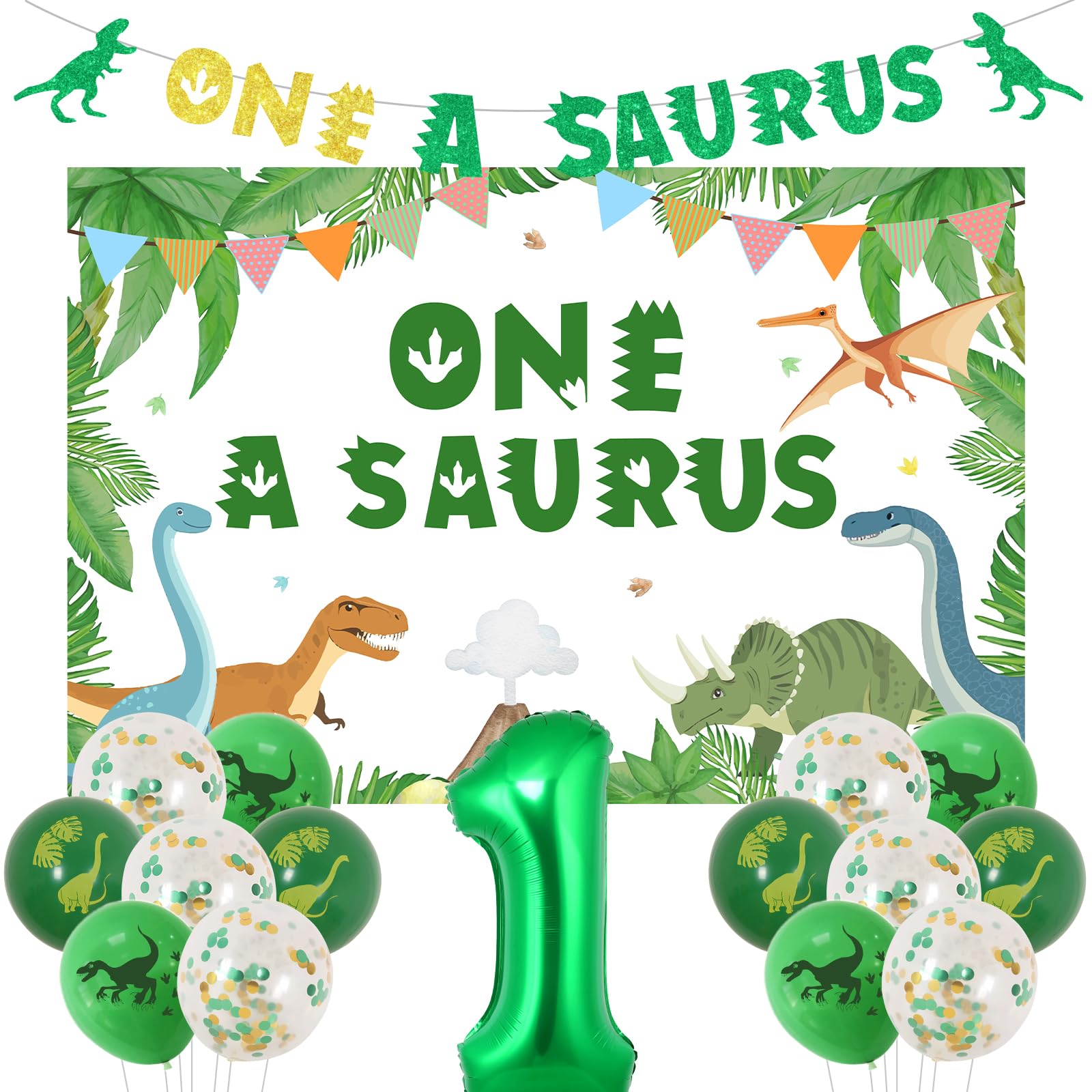 Funmemoir Dinosaur 1st Birthday Decorations - One a Saurus Backdrop and Glitter Banner, 1 Foil Number Balloon, Print Balloons for Dinosaur Themed First Birthday Party Decor