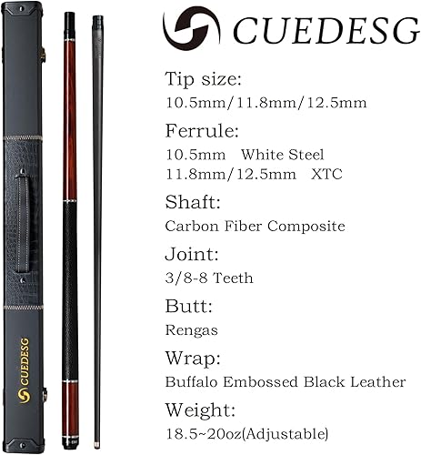 Miniatura 8 de Palo de Billar de Fibra de Carbono 10.5mm/11.8mm/12.5mm, Palo de Piscina de Baja Deflexión con Empuñadura de Madera Rara, Palo de Billar Profesional