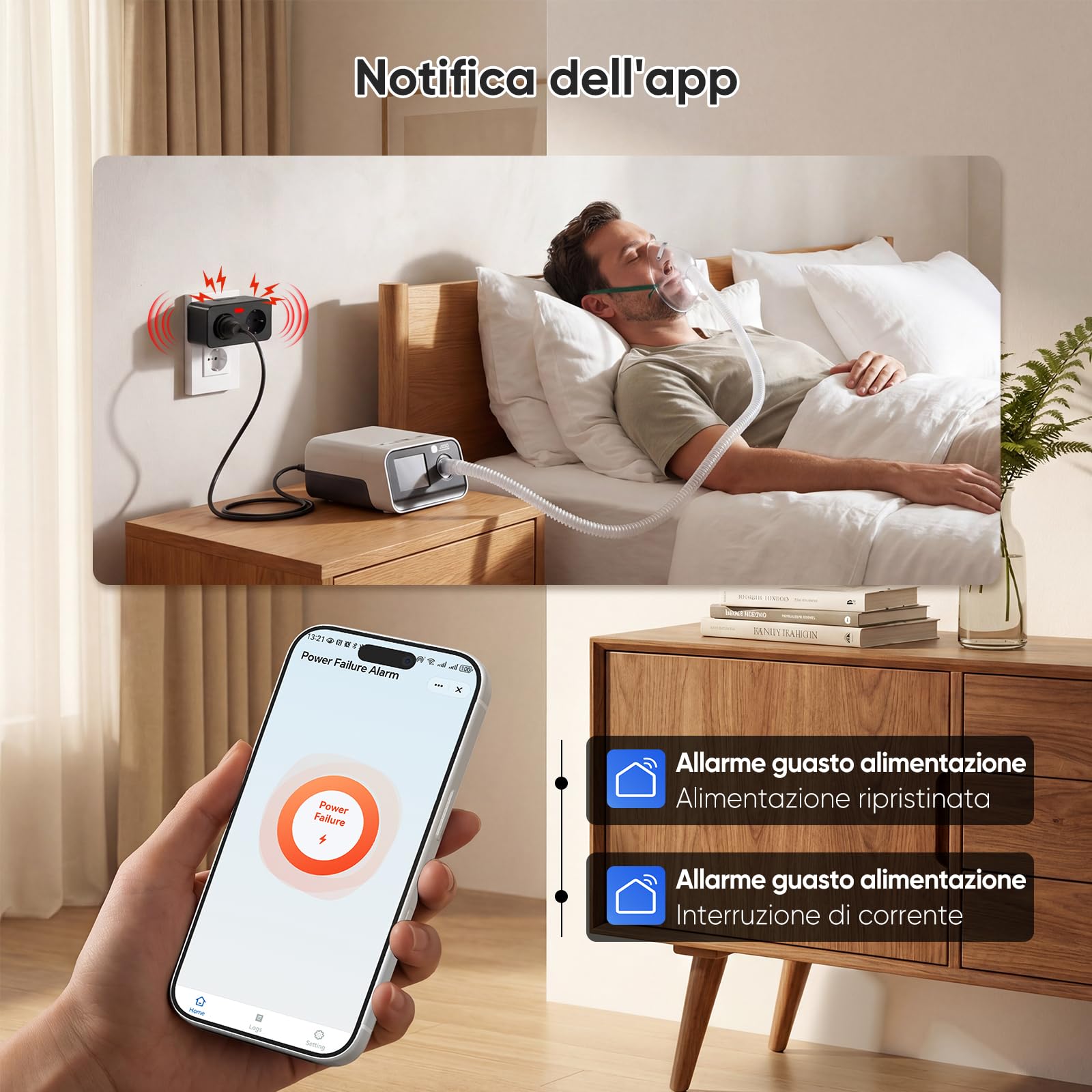 Rilevatore Interruzione Corrente WiFi con App Tuya&Smart Life, Allarme Mancanza Alimentazione 110dB con Silenziamento Remoto, 3 Suonerie / 3 Volume, Avviso Mancanza Corrente per Frigorifero