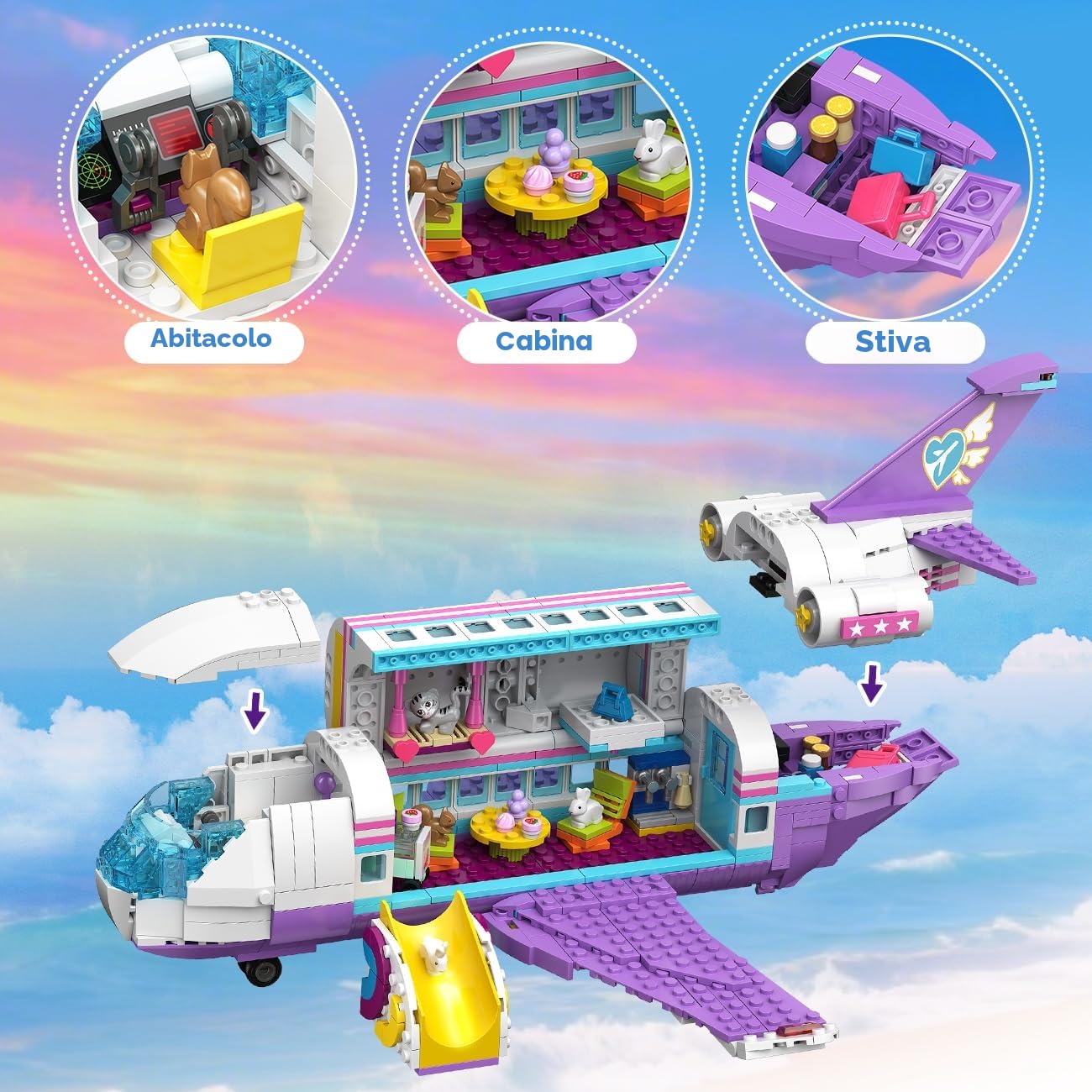 HOGOKIDS 3 in 1 Friends Aereo Giocattolo da Costruire - 808pcs Set di Costruzioni per Aereo/Barca/Camper con 6 Mini Animali Carini, Scivolo e Adesivi, Regali per Bambini Ragazzi Ragazze