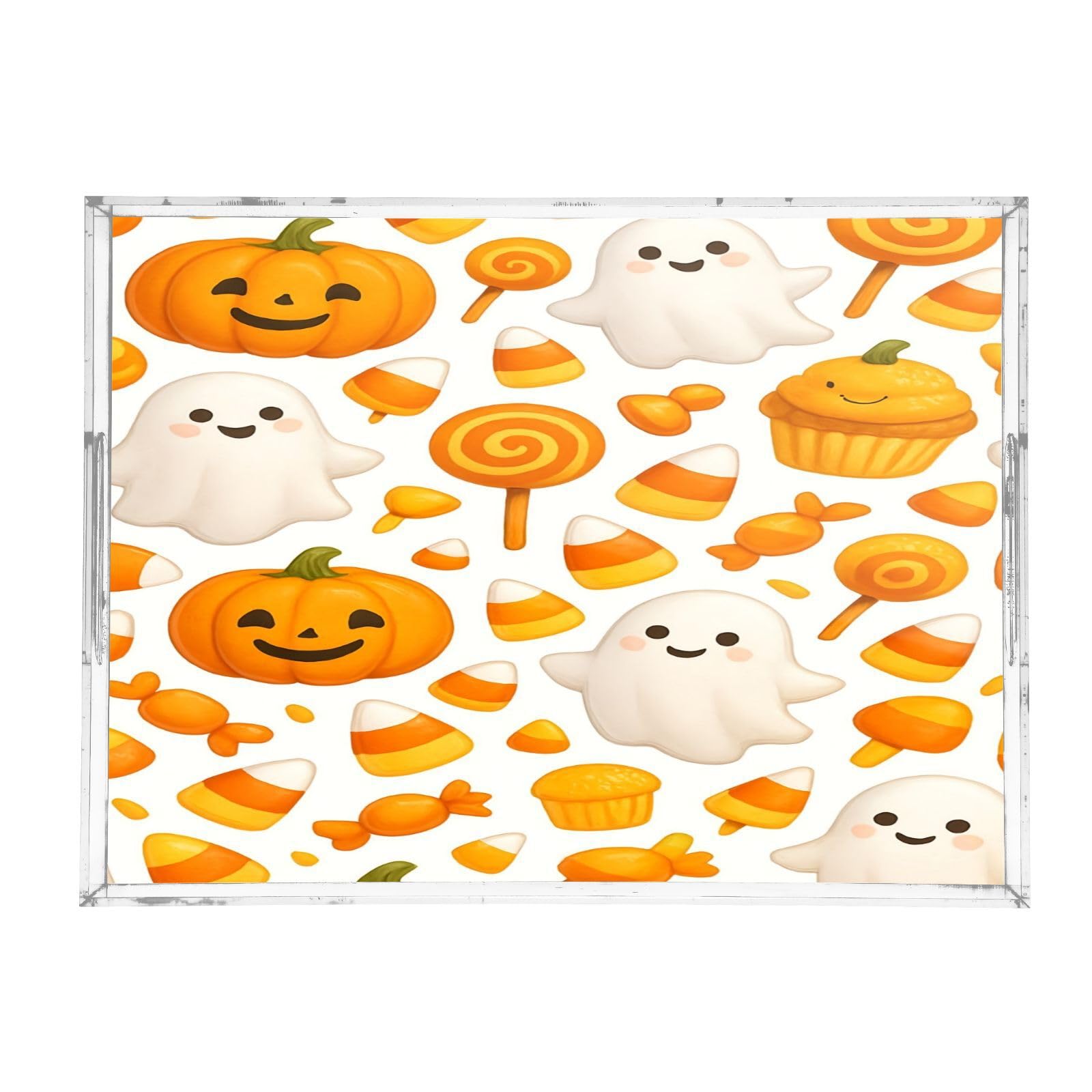 BOESI Cute Halloween Ghosts & Candy Acrylic Decorative Dining Tray, Acrylic Decorative Tray Organizer with Handle for Kitchen, Dining Room, Bathroom, Dresser