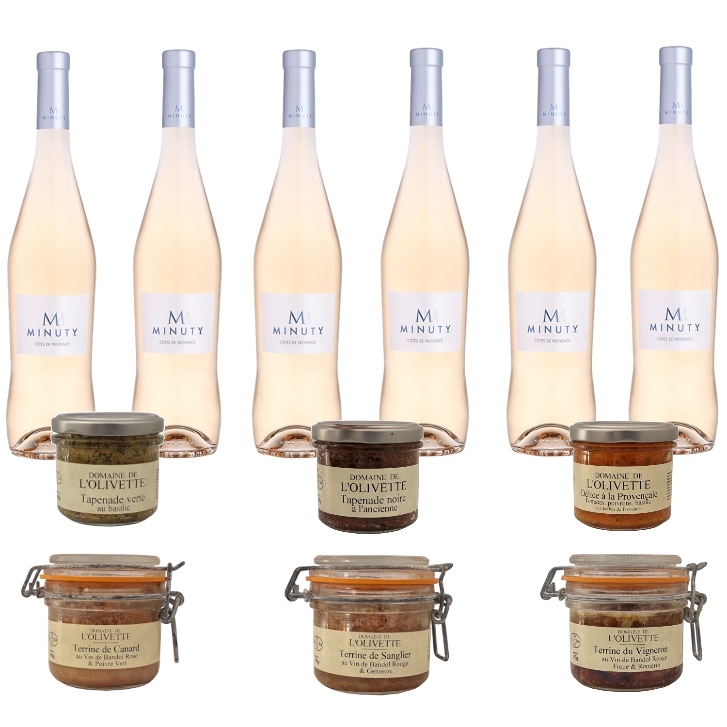 Box Aperitivo 100% Provence: 6 * Minuty M Rosé 2020 (75cl) + 3 + 3 tapenade terrina
