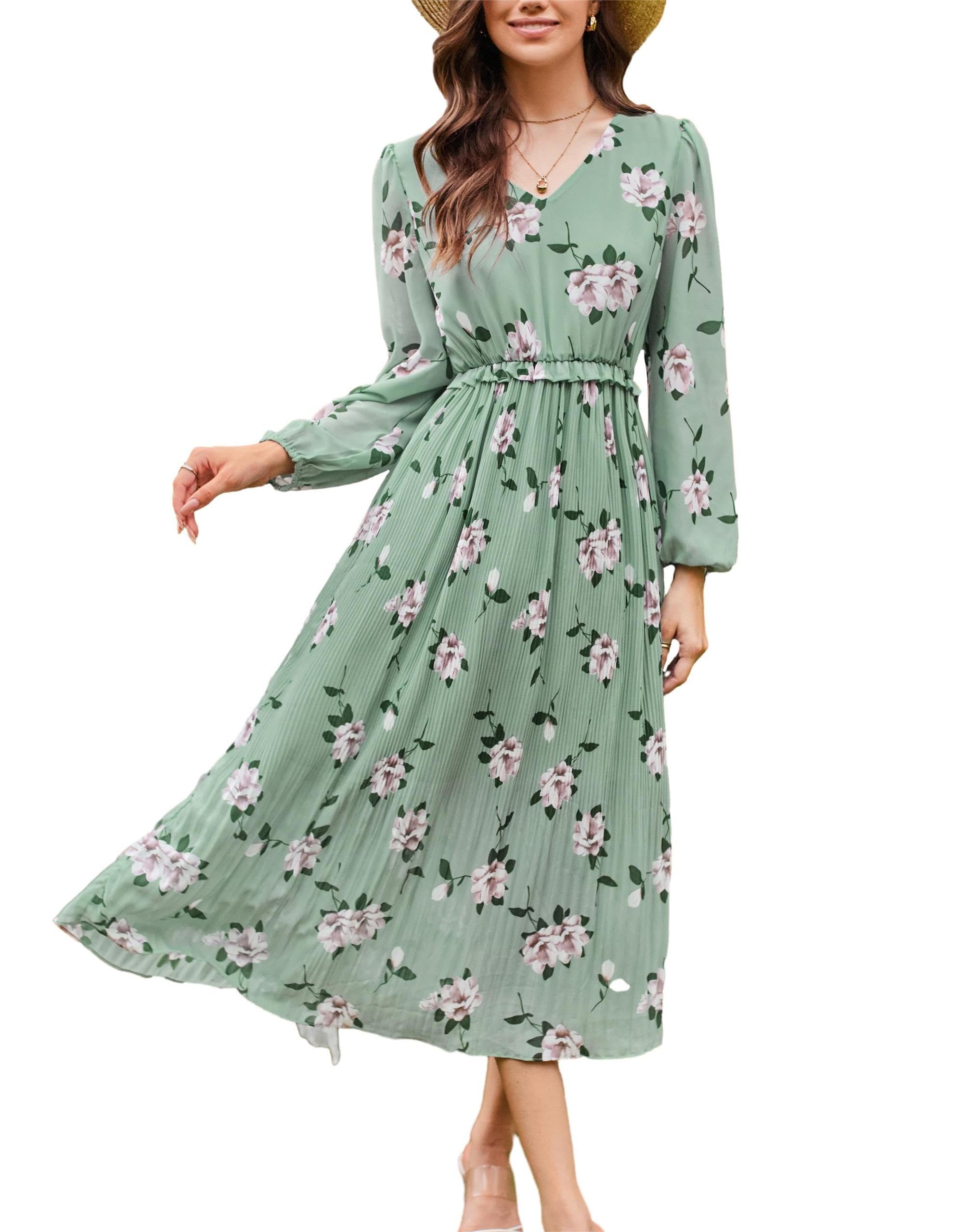 GRACE KARINWomen Floral Feminine Long Sleeve V-Neck Dress Elegant A-Line Elastic Waist Pleated Boho Dresses for Ladies