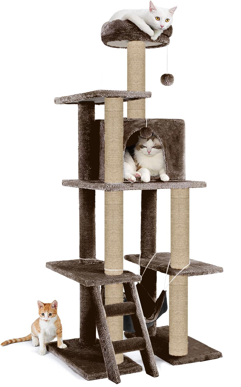Multi-Storey Fur Fabric Kitten Cat Tree - Stairs | Hammock | Condo | Top Perch | Furry Balls | Scratching Posts (Height 60 Inch) (Brown - FURR-57)