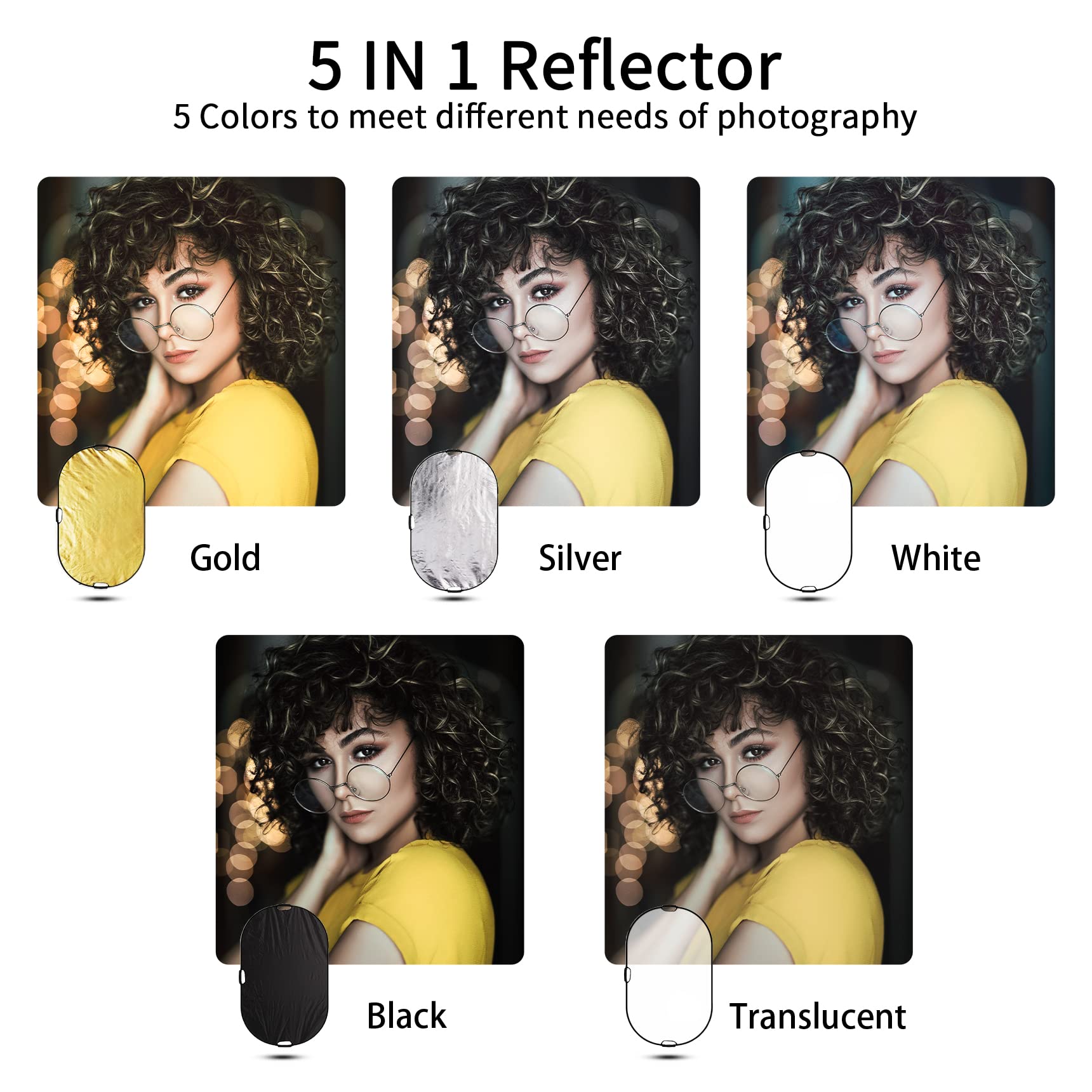 Selens 5-in-1 100x150cm Oval Reflektor Tragbarer Faltbarer für Fotografie Fotostudio Beleuchtung Außenbeleuchtung Studio Diffusor Reflector Durchlässig, Weiß, Schwarz, Silber, Gold Oberfläche