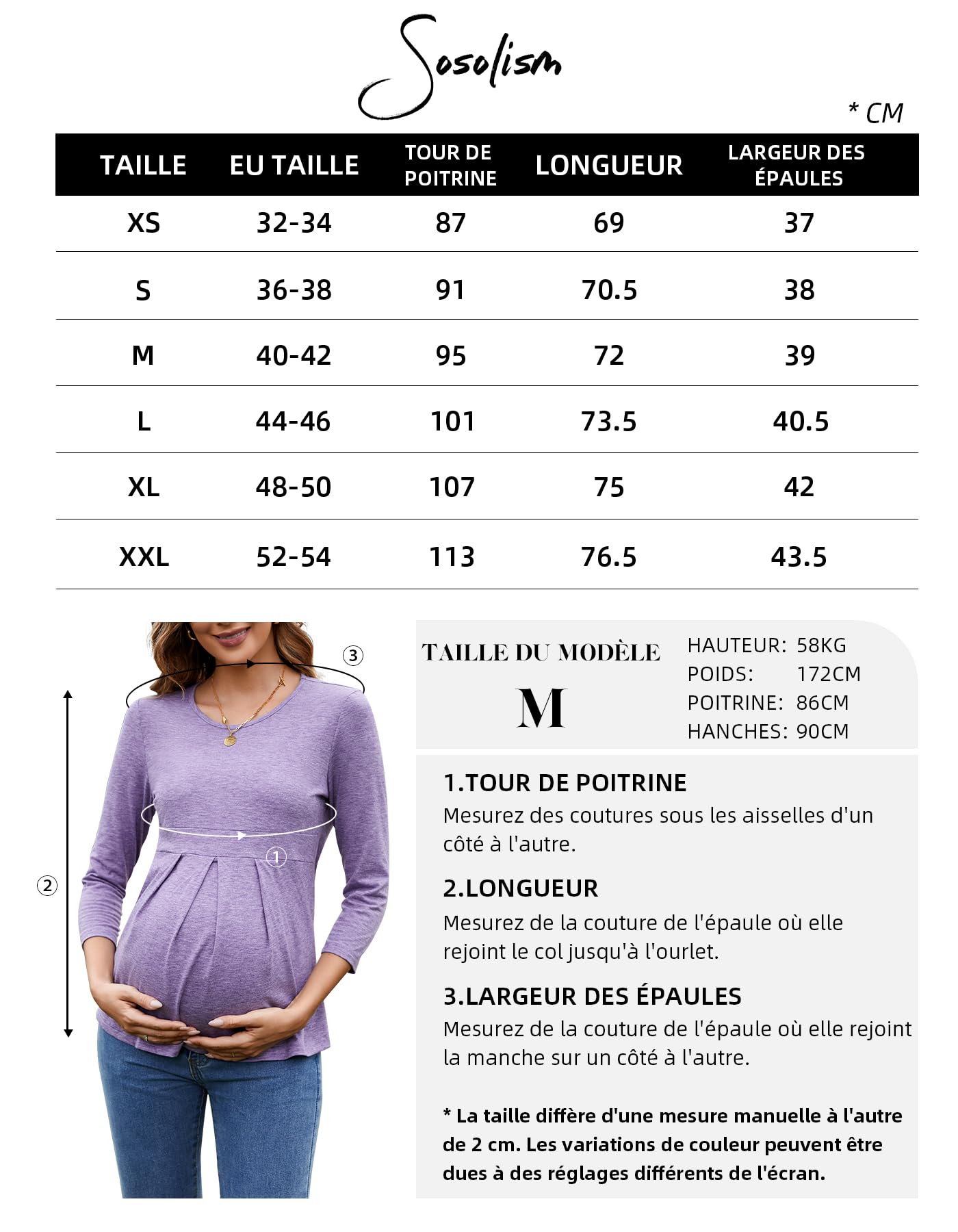 Sosolism Hauts de Maternité pour Femmes à Manches 3/4 Tshirts de Maternité plissés à l'avant col Rond Tops de Grossesse