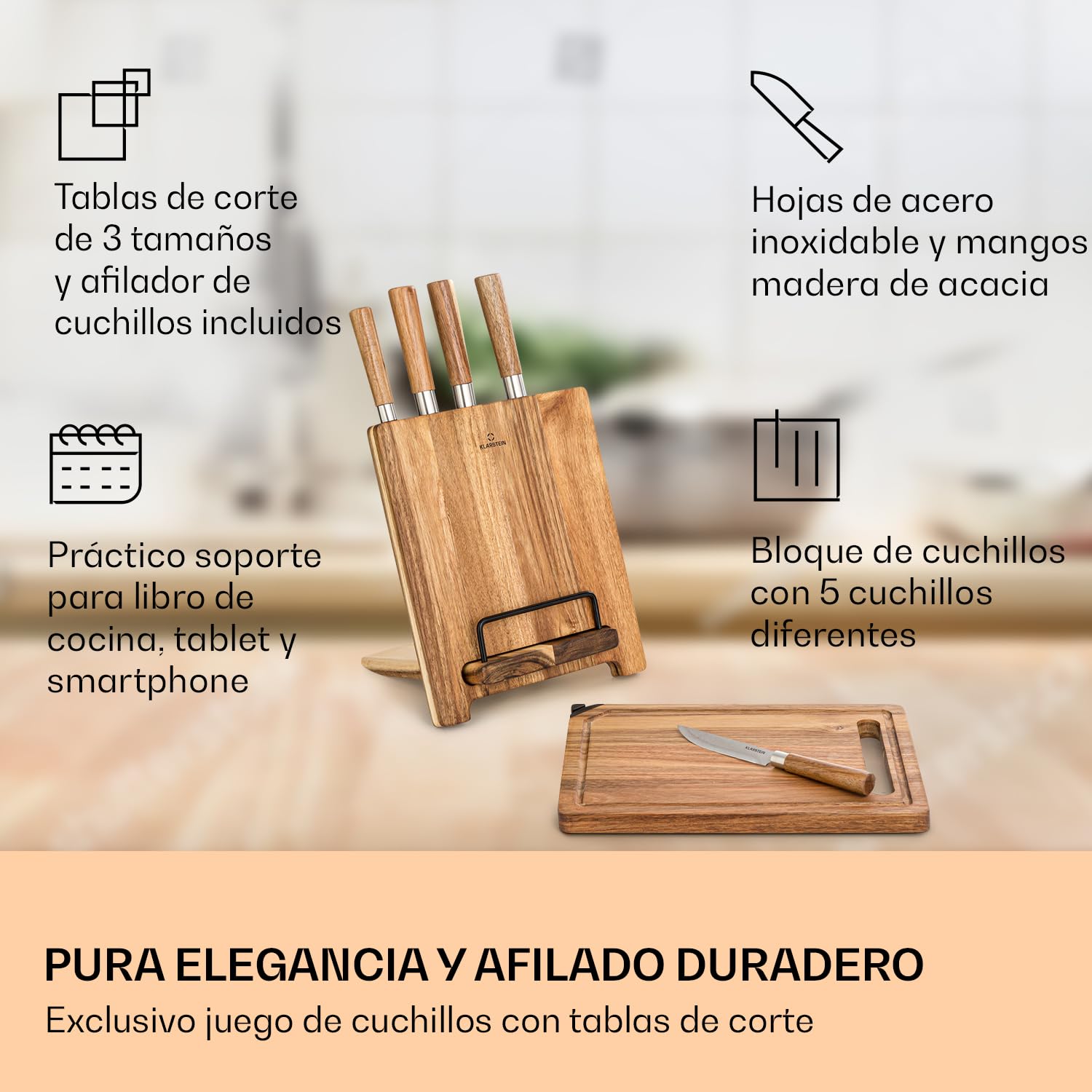Zelite Juego de Cuchillos Cocina y Bloque Cuchillo, 5 Set Cuchillos Cocina Profesional y Tabla de Cortar Acacia con Afilador, Juego de Chef Acero Inoxidable Profesionales, Anti Arañazos