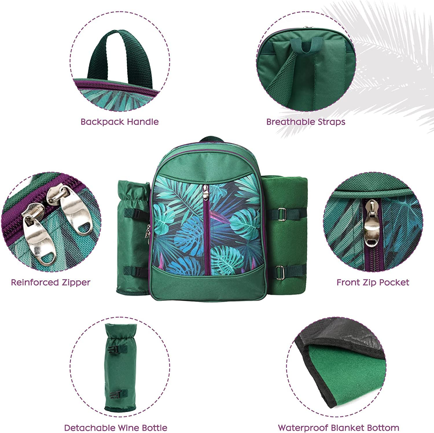 Sac à Dos De Pique-Nique Pour 4 Personnes Avec Couverture Polaire Isotherme Et Kit De Couverts Complet - Vert