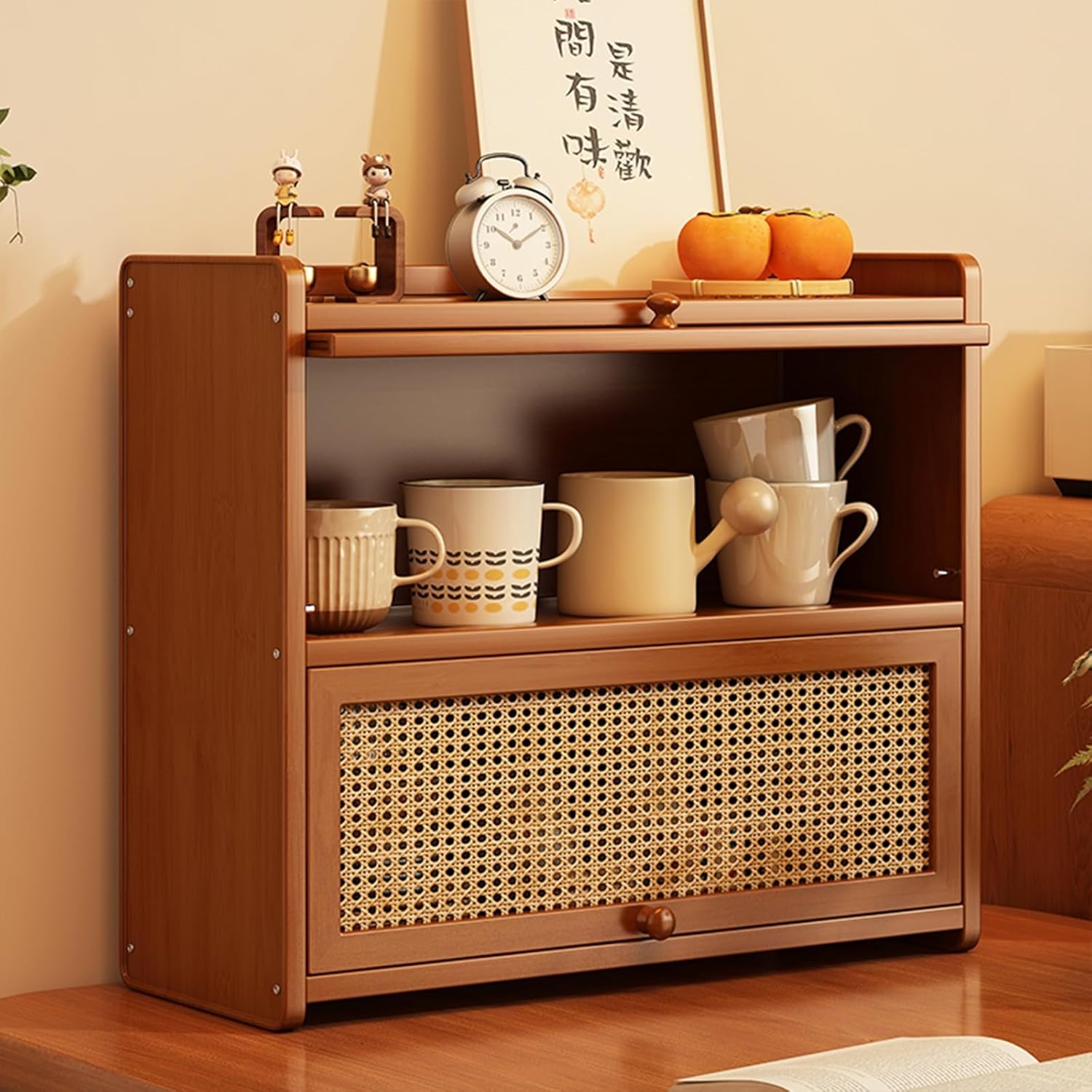 Open Dorm Desktop Storage Shelf,Wooden 2 Tier Office Storage Rack, with Switchable Cabinet Door, Dressing Tabletop Display Rack, Desktop Organizer for Dorm, Office, Home