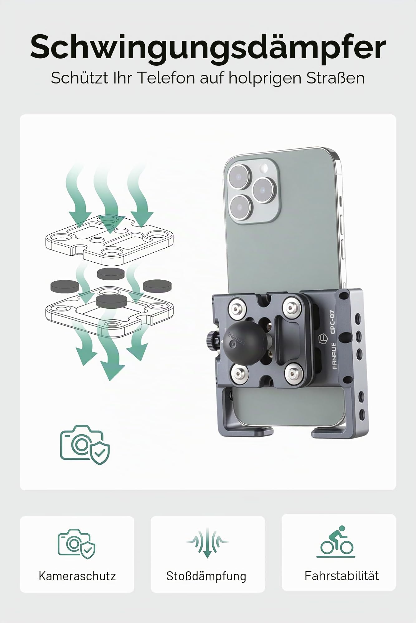FANAUE Universelle Handyhalterung mit 2,5 cm Kugel für Smartphones mit einer Breite von 5,8 cm bis 8,6 cm, kompatibel mit RAM-Halterungen, B-Größe, Doppelbuchsenarm und Fahrrad-Handyhalterung mit