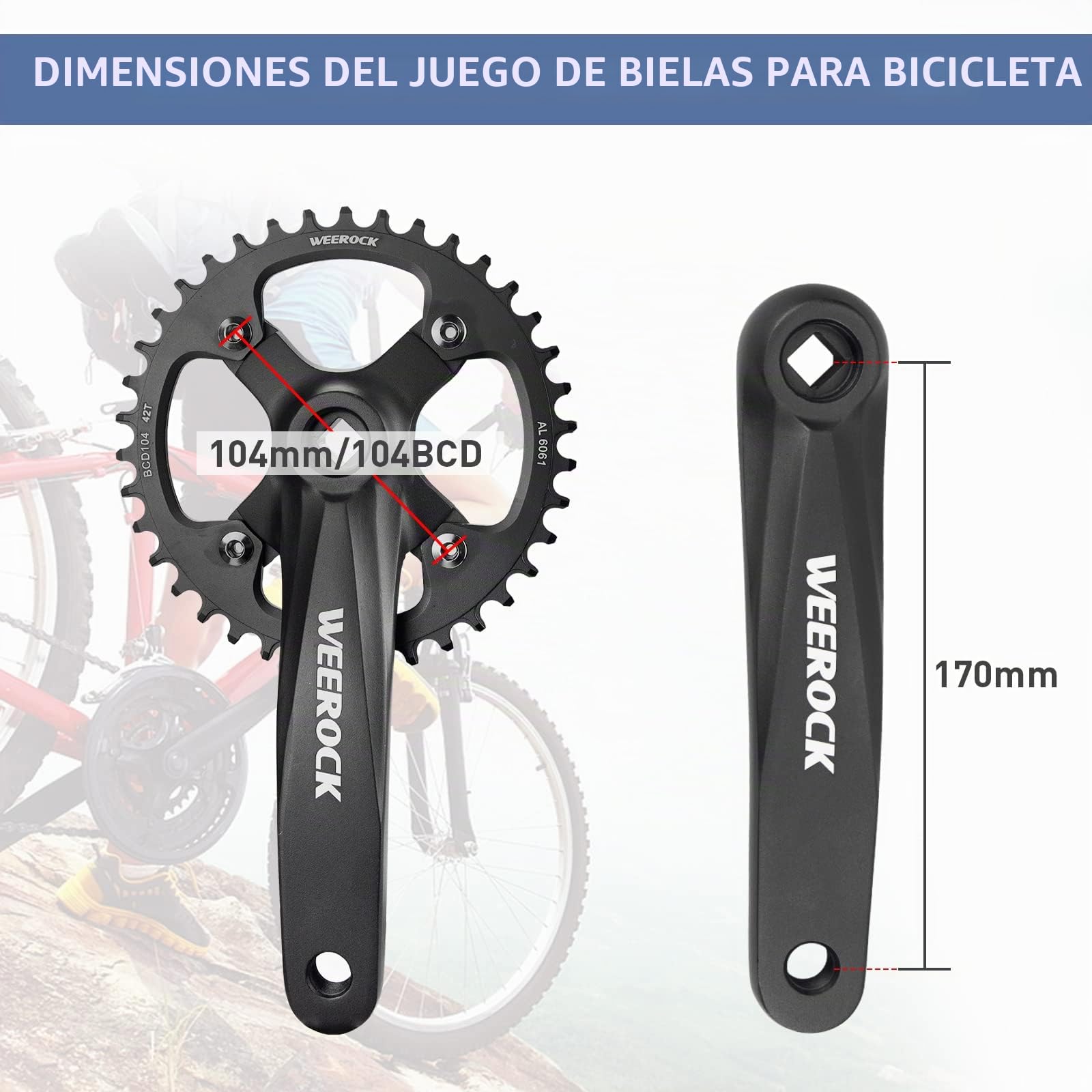 Juego de bielas cuadradas de 170 mm, biela para bicicleta de montaña 38T/42T, plato de aleación de aluminio 6061, apto para Shimano, SRAM, FSA