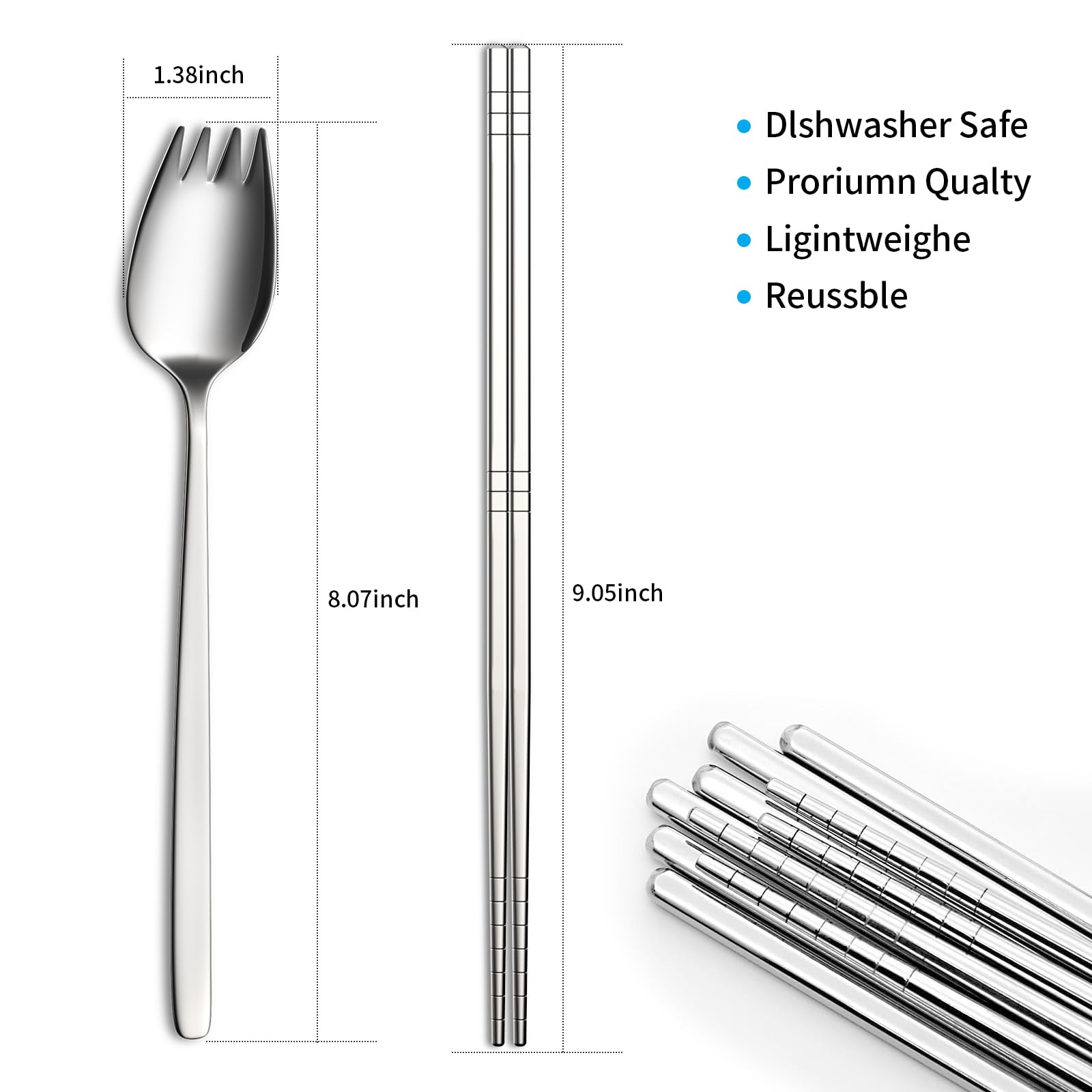 Reusable Sporks and Chopsticks Set, 4 Piece Long Handle Stainless Steel Sporks and Chopsticks Set, Dishwasher Safe for Home, Kitchen or Restaurant