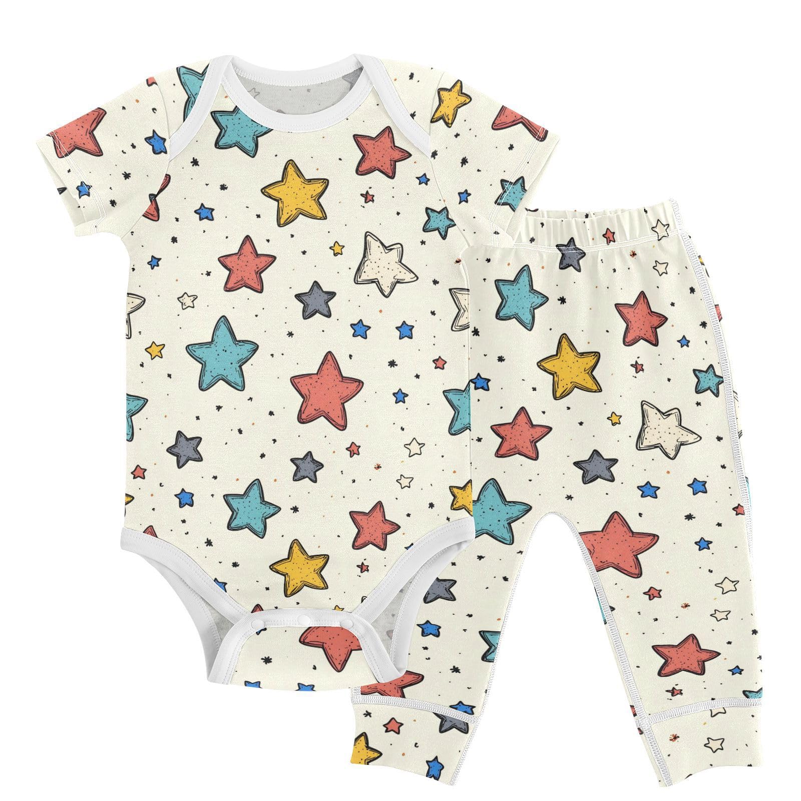vvfelixl Unisex Short Sleeve Baby Pants Sets,Cartoon Sketch Stars Baby Bodysuits Set,Babys Layette Sets Clothes for 18-24M