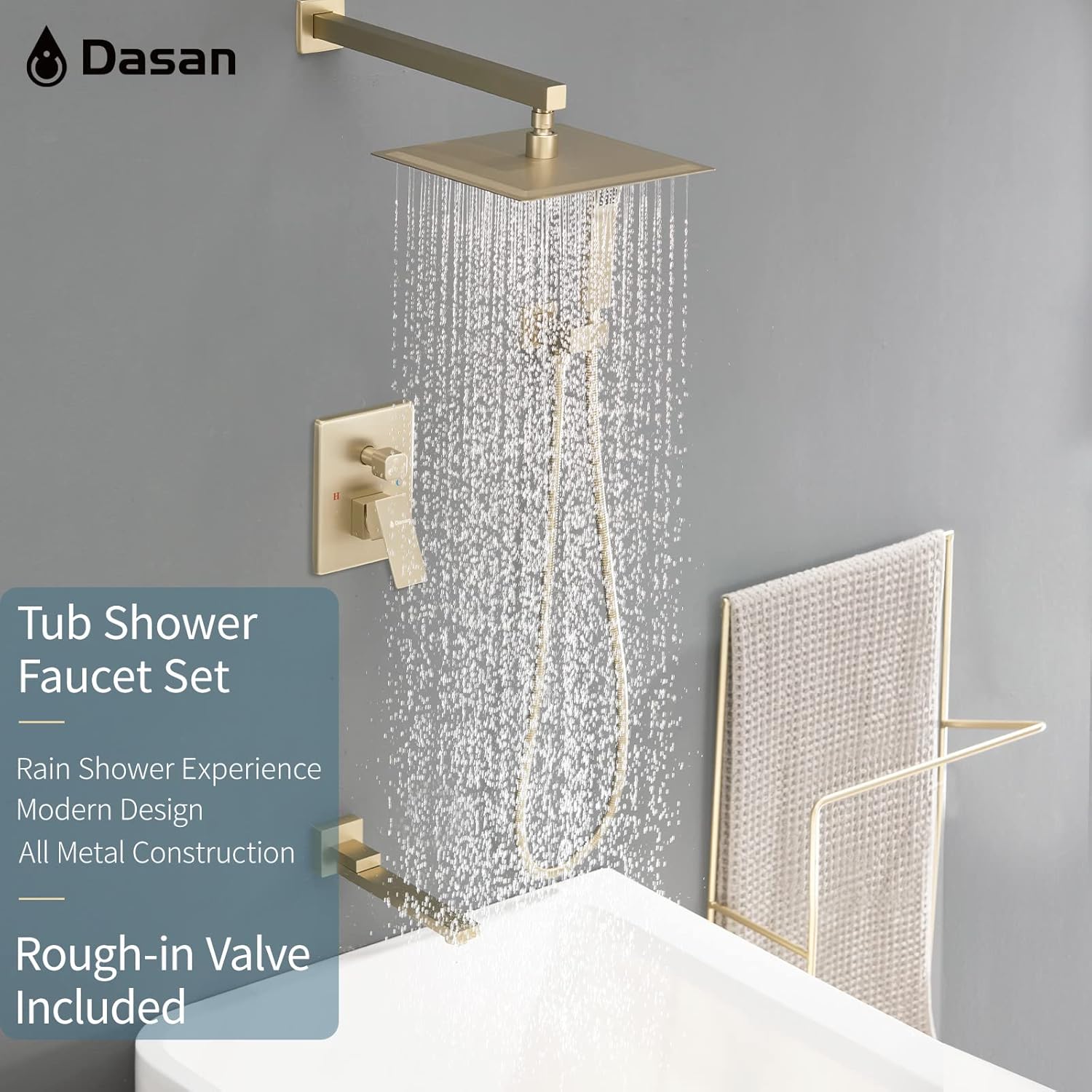 DASAN Tub Shower Faucets Sets Complete Brushed Gold Bathtub Shower System with Tub Spout, Bathtub Faucet Set Tub and Shower Faucet Combo Trim Kit with Rough-in Valve, DA-SS03BG-S10W