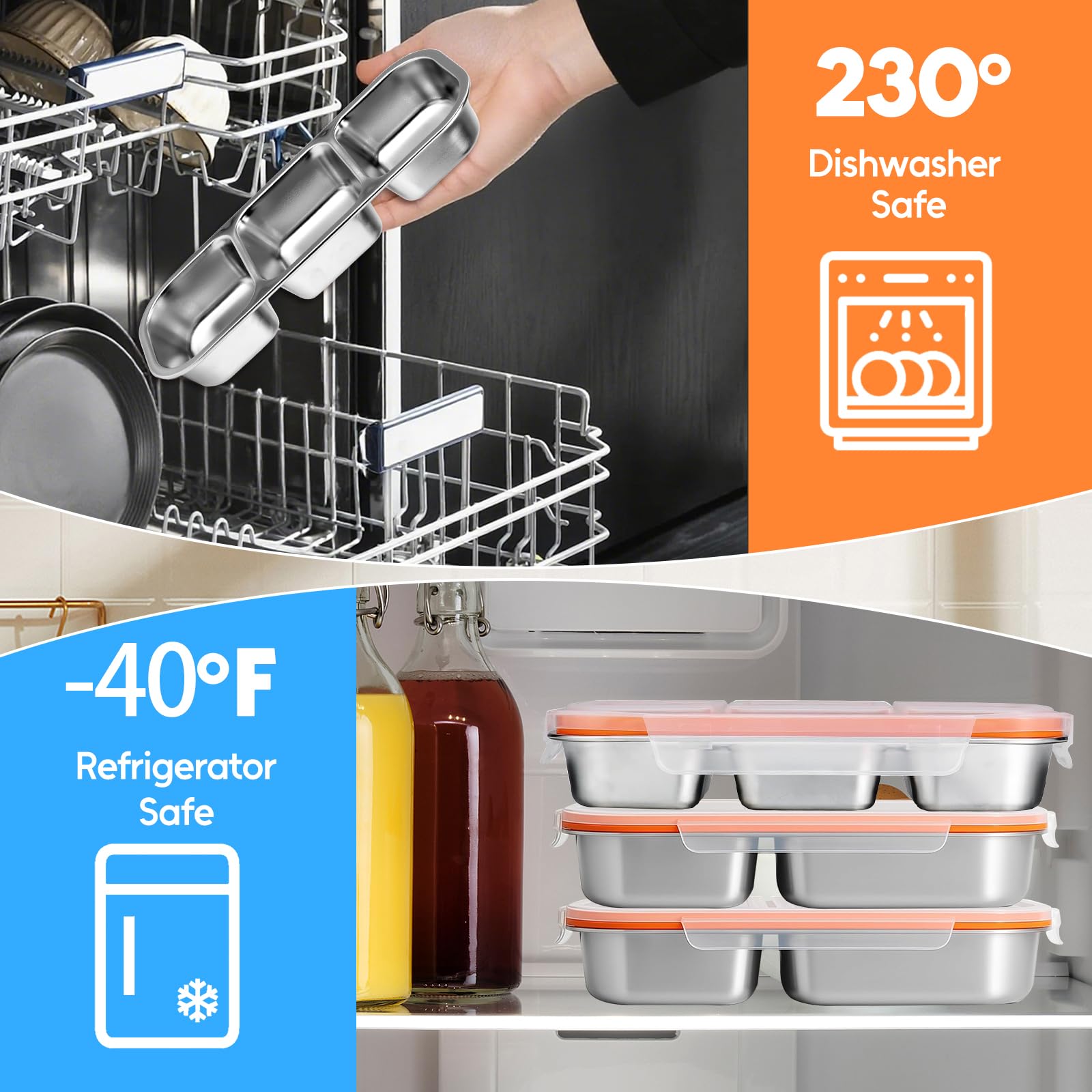 VAlinks Snack-Behälter mit auslaufsicherem Deckel, 304 Edelstahl, Bento-Snack-Box, geteilte Lunchbox, Lebensmittelbehälter für Zuhause, Offizier, Fitnessstudio, Reisen, 3 Stück