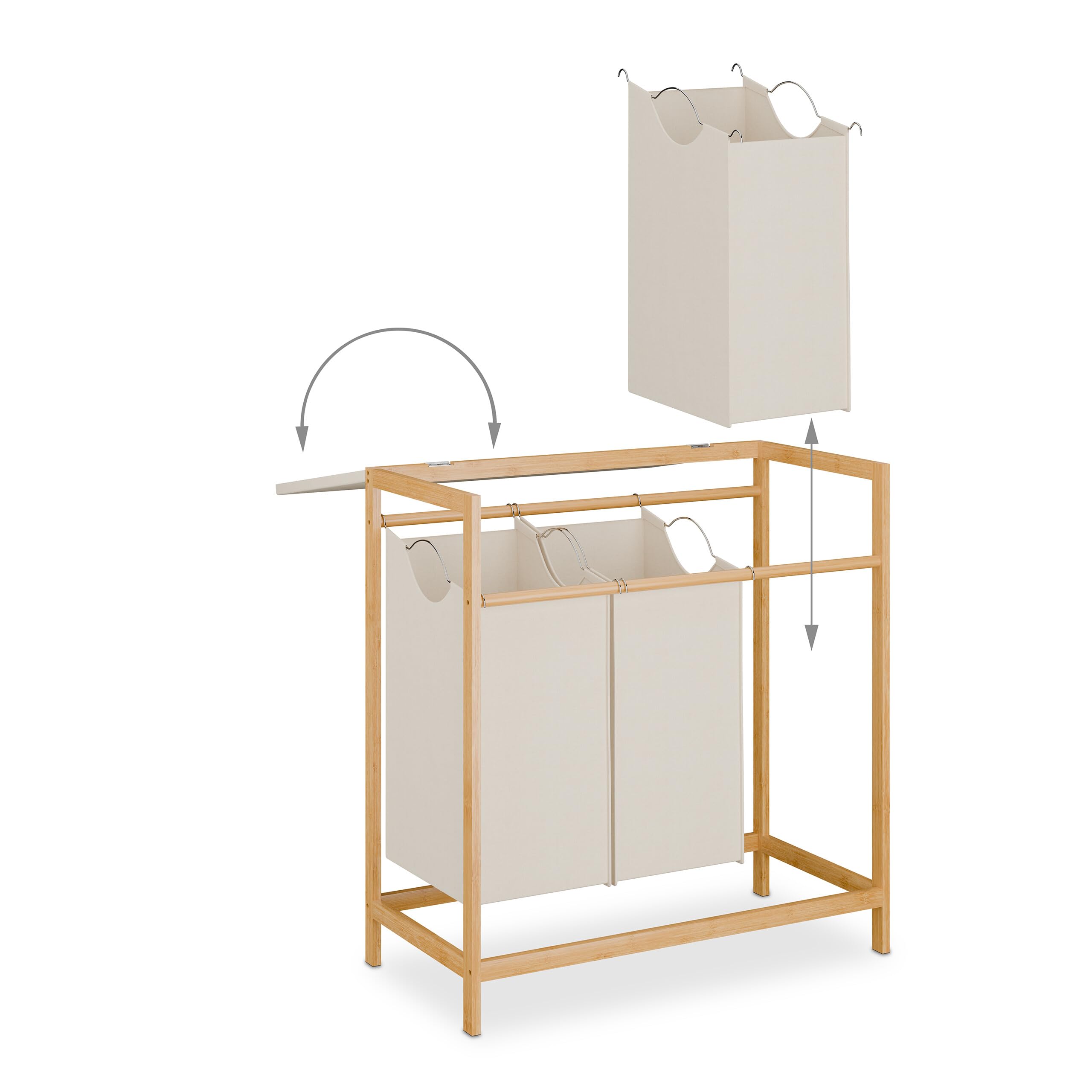 Relaxdays Cesto Ropa Sucia con 3 Sacos Extraíbles, Mueble Colada, Tapa Abatible, 84,5x78,5x40 cm, Bambú, Natural y Crema