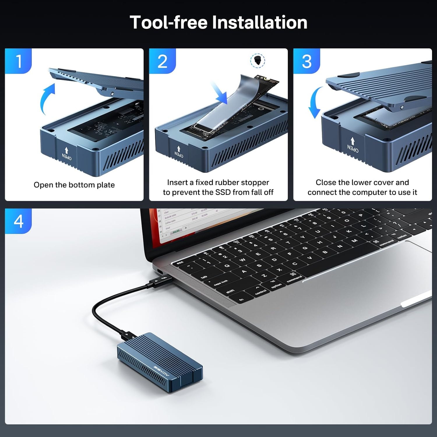 Four-step diagram for tool-free SSD installation: 1. Open bottom plate, 2. Insert SSD with rubber stopper, 3. Close cover, 4. Connect to computer.
