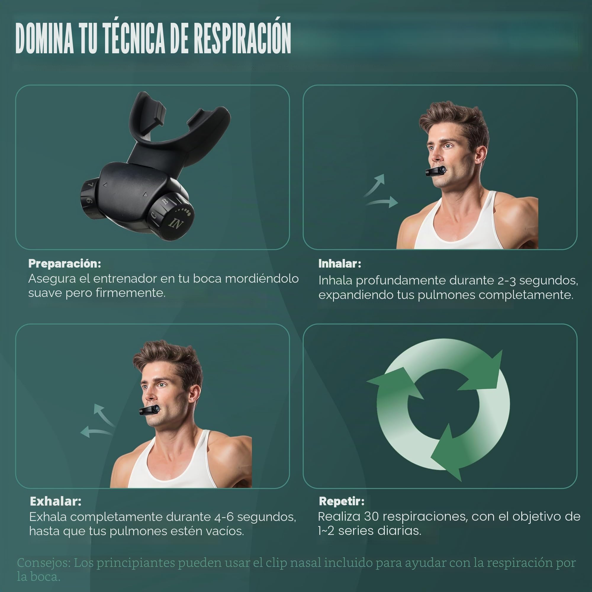 Entrenador respiratorio ajustable, dispositivo de ejercicio de respiración de mano con boquillas dobles, ajustes de resistencia independientes para mejorar las técnicas de respiración (negro