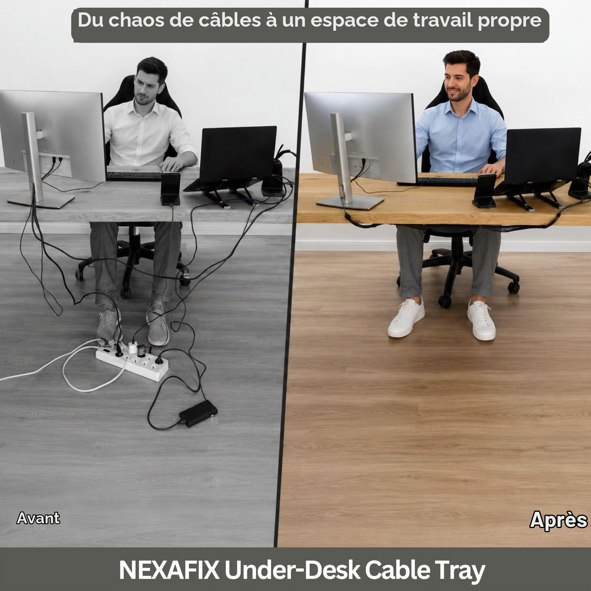 Filet Rangement Cables sous Bureau 66 x 30 cm - Passe Cable Bureau, Cache Cable, 5 Straps Anti-Chute, Fixation Vis ou 3M VHB sans Percage