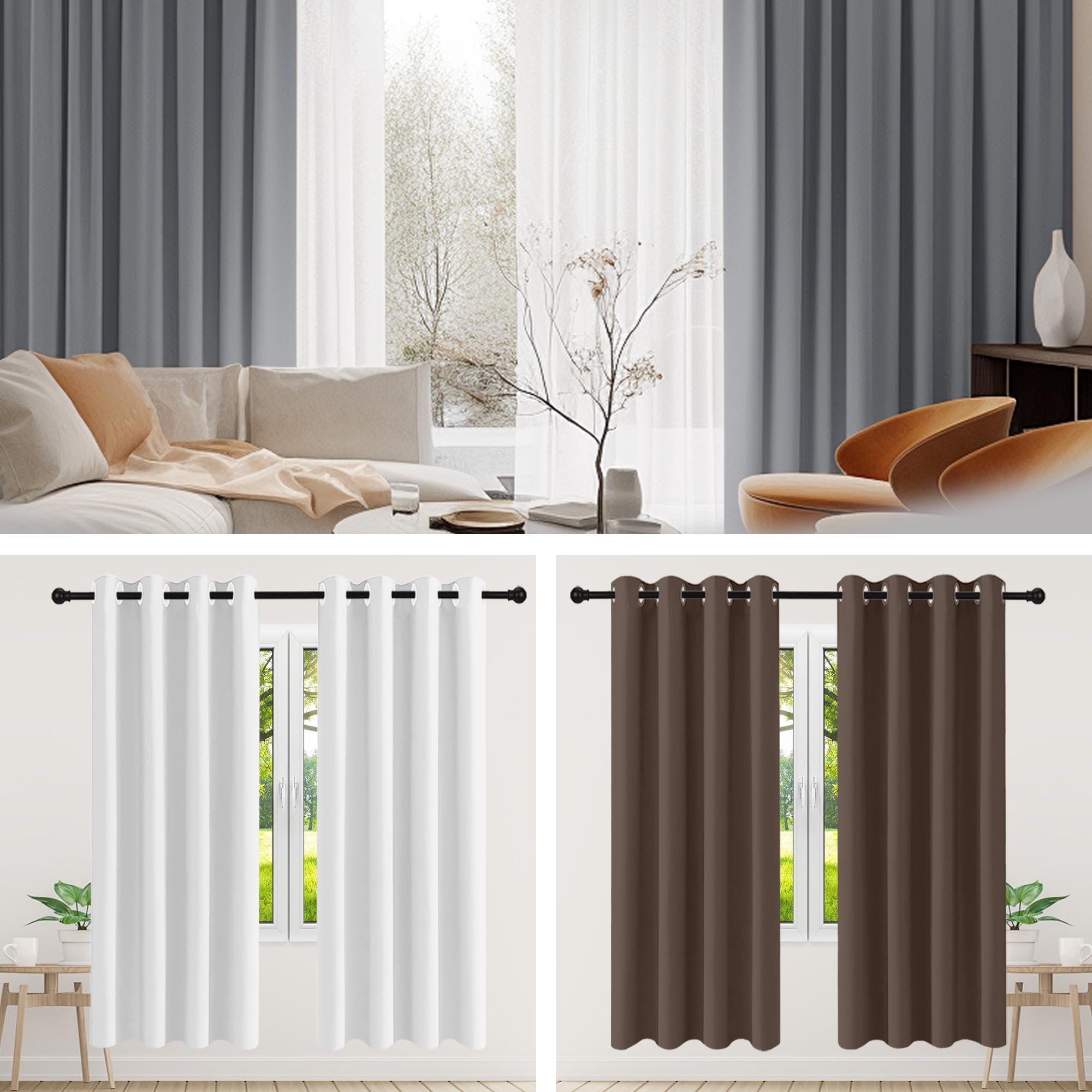 Rideau Occultant 170 x 70 cm Isolant Anti Froid 100% Lumiere Bloquer Anti Chaleur Occultant Rideau Chambre Installation Facile pour Chambre Adulte Salon, Blanc
