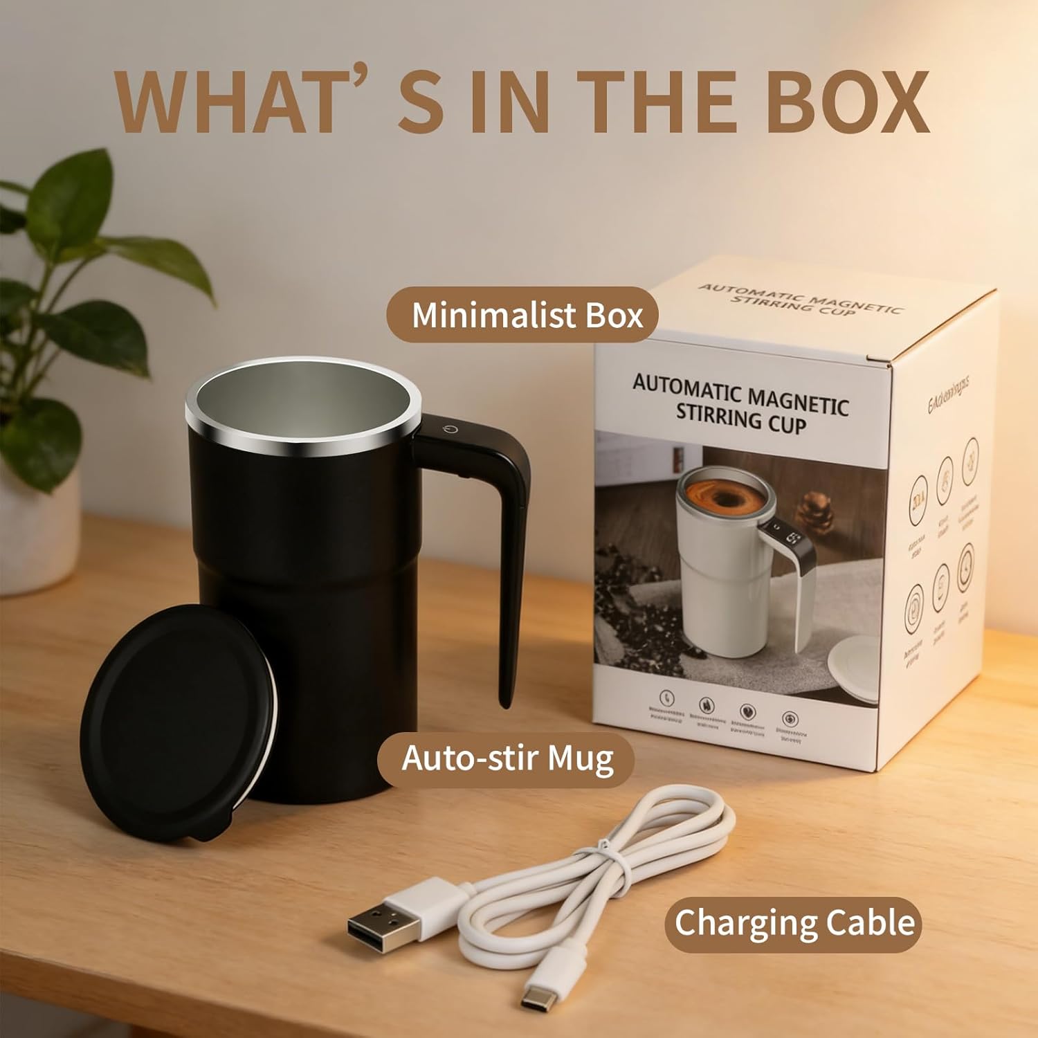 Self Stirring Coffee Mug 13 oz, Auto Mixing Cup With Lid And Touch Handle, Perfect Gifts For Man and Women (Onyx Black – 304 SS)