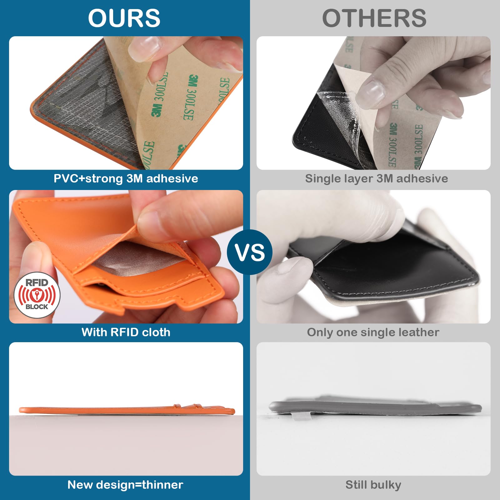 Fulgamo Handy-Brieftasche, Leder, Kartenhalter, selbstklebend, Kreditkartenfach für Rückseite der Handyhülle, iPhone und Android, Orange, Rot, 2 Stück