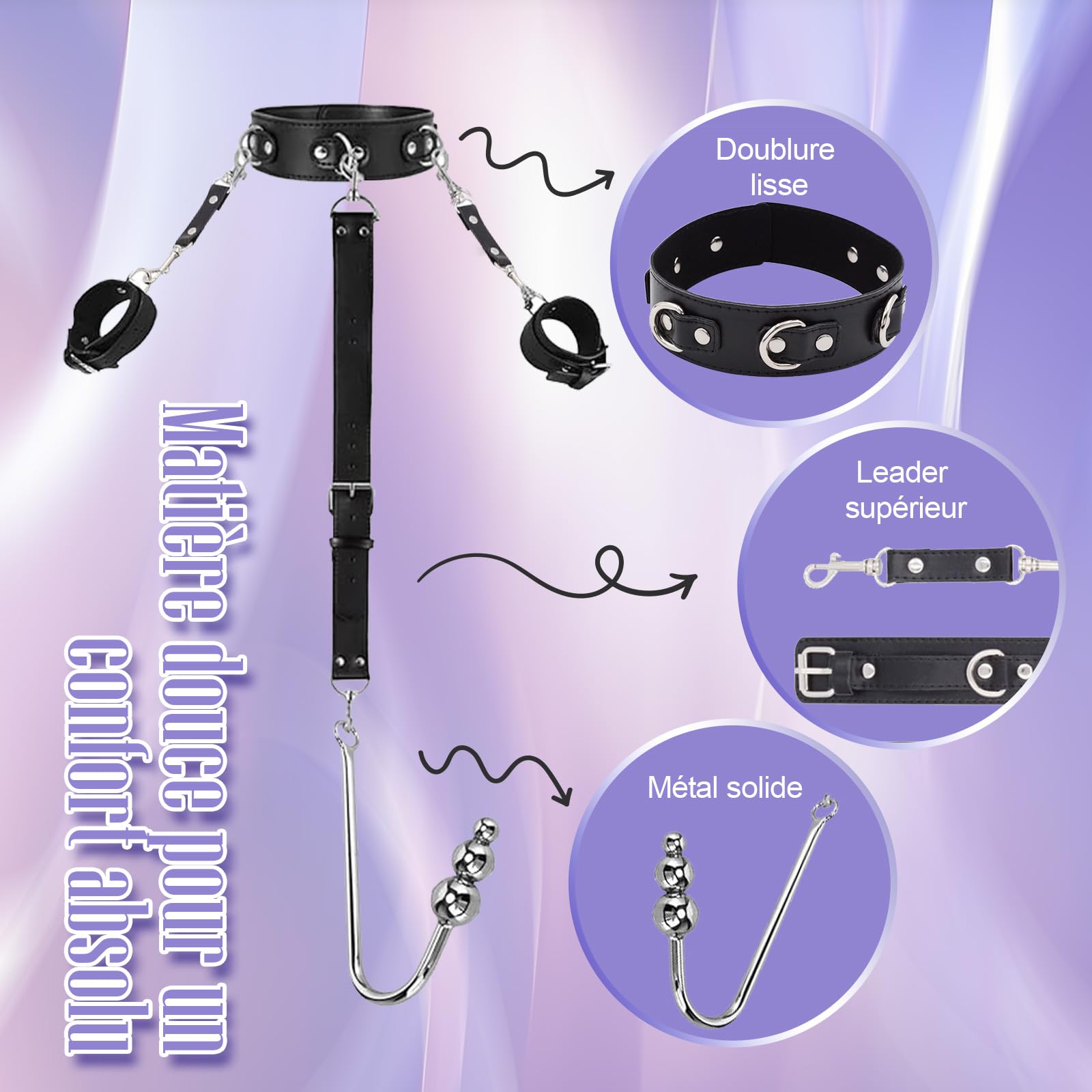Crochet Anal Kit de Bondage BDSM Sexuel Pour femme Avec menottes réglables Collier en cuir SM Kit de bondage fétiche Jouet sexuel Pour homme Jouets anaux