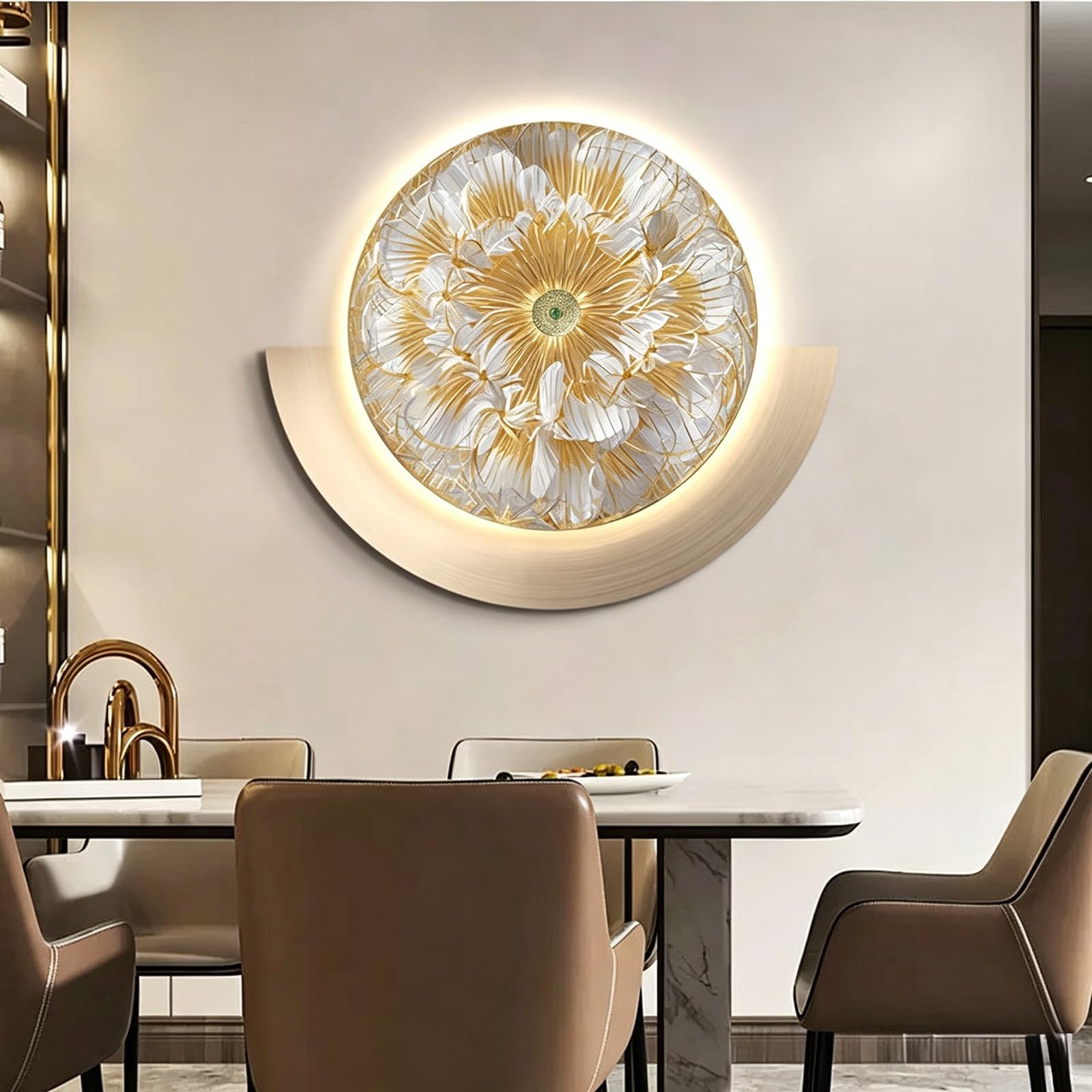 TgrGiEDenLO 3D LED Wall Art Decor with Floral & Geometric Design, Crystal Porcelain Backlit Wall Sculpture, Modern Lighted Wall Decor for Living Room & Bedroom(A,70cm/27.6in)