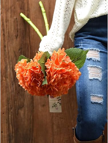 Miniatura 2 de FiveSeasonStuff Flores de hortensias de seda Real Touch, 2 flores artificiales grandes de tallo largo para arreglos florales (naranja otoño)