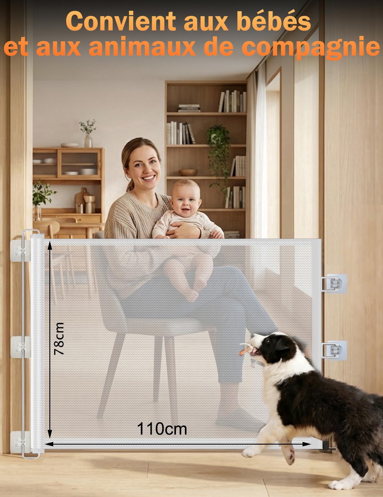 Barrière de Sécurité Chien Enfant Rétractable Extensible (110cm Blanc) | Sans Perçage, Pour Escaliers Portes Couloirs, Intérieur Extérieur, Hauteur Ajustable