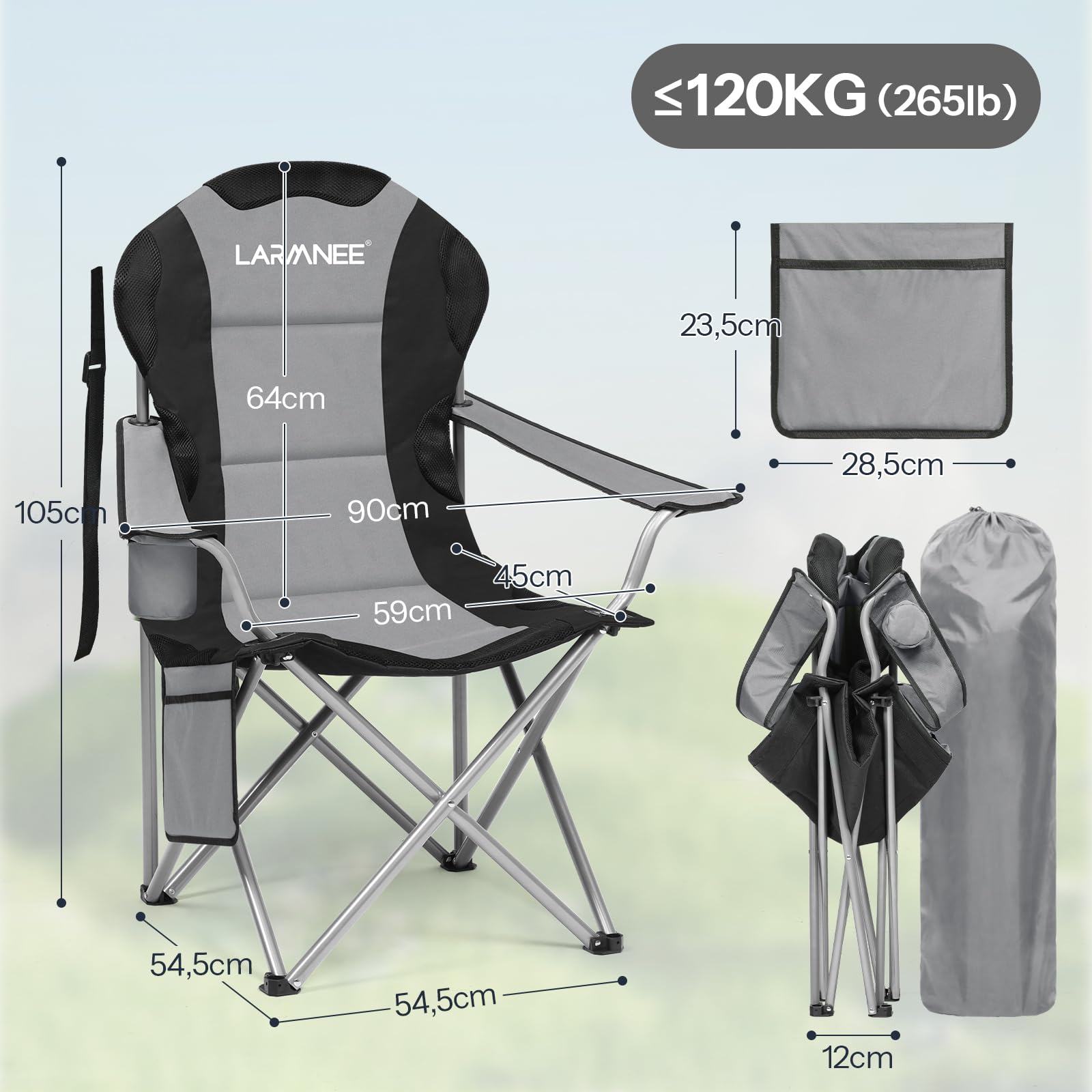 LARMNEE Chaise Camping, Chaise de Pêche Pliante, Porte-gobelet et Pochette latérale, Chaise de Plage avec Dossier Haut et Assise en éponge Respirante, pour Camping, Gris et Noir EBG01LC02N1