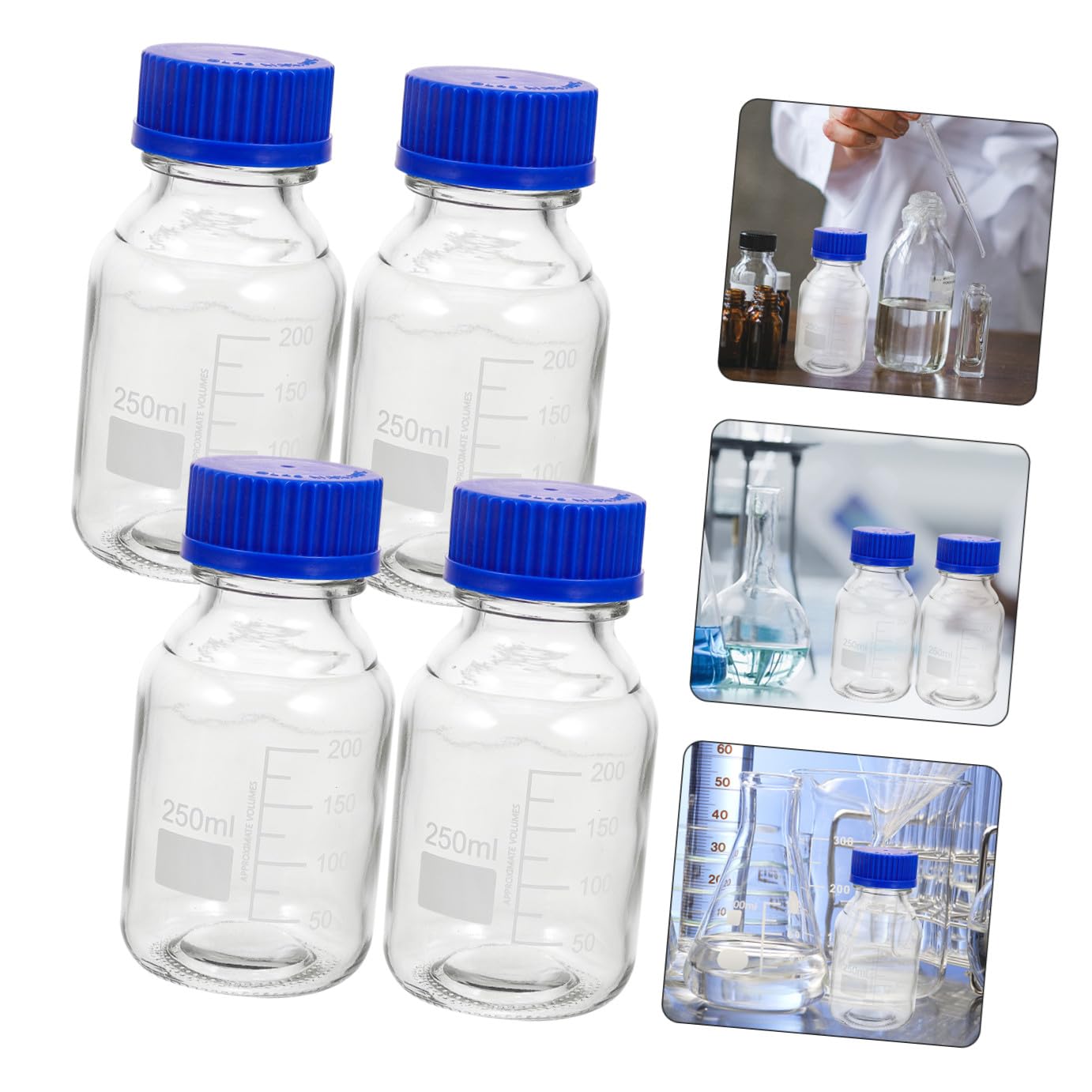 Mikikit 4 Pezzi Bottiglie in Vetro da 250ml con Tappo a Vite Blu, Bottiglia di Reagente Graduata Multiuso per Laboratorio e Industria Chimica