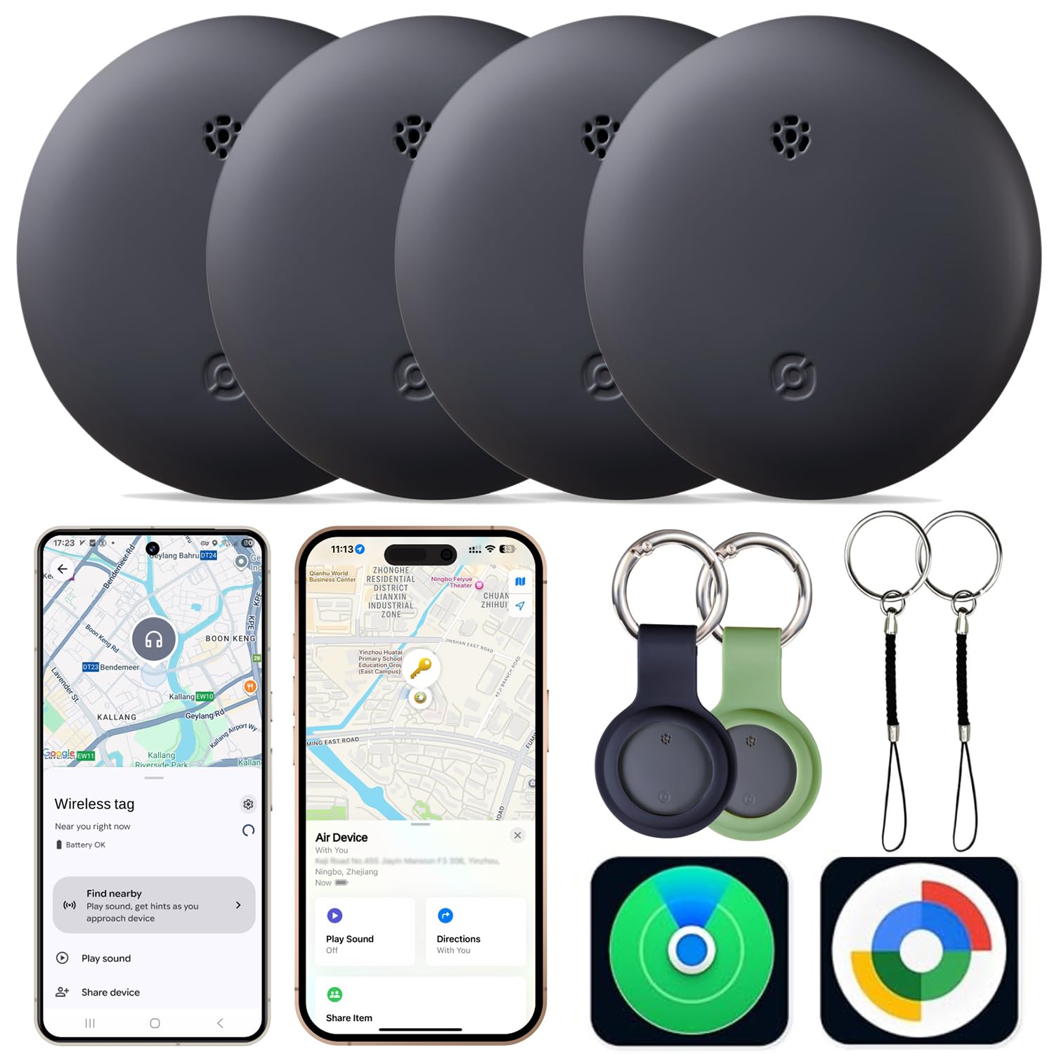 Reyke Tracker Tag, Compatible avec Apple Localiser et Google Find Hub | Tracker pour Android et iOS, un réseau à la fois, jusqu’à 100 dB, IP66, lot de 4, pour clés, sacs, valises et bagages
