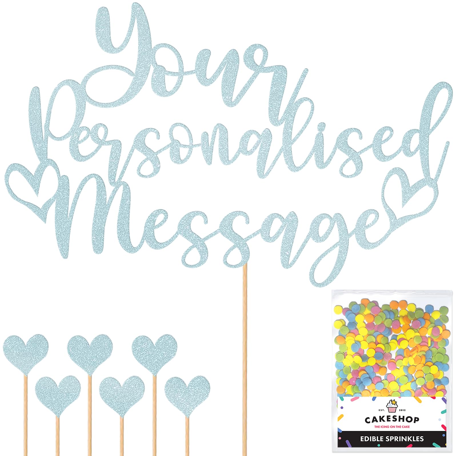 Any Text Personalised Glitter Cake Topper - Light Blue Name, Age, Words Glitter Cake Decoration and Sprinkles - Happy Birthday Decorations - Personalised Toppers for Cakes by Cakeshop