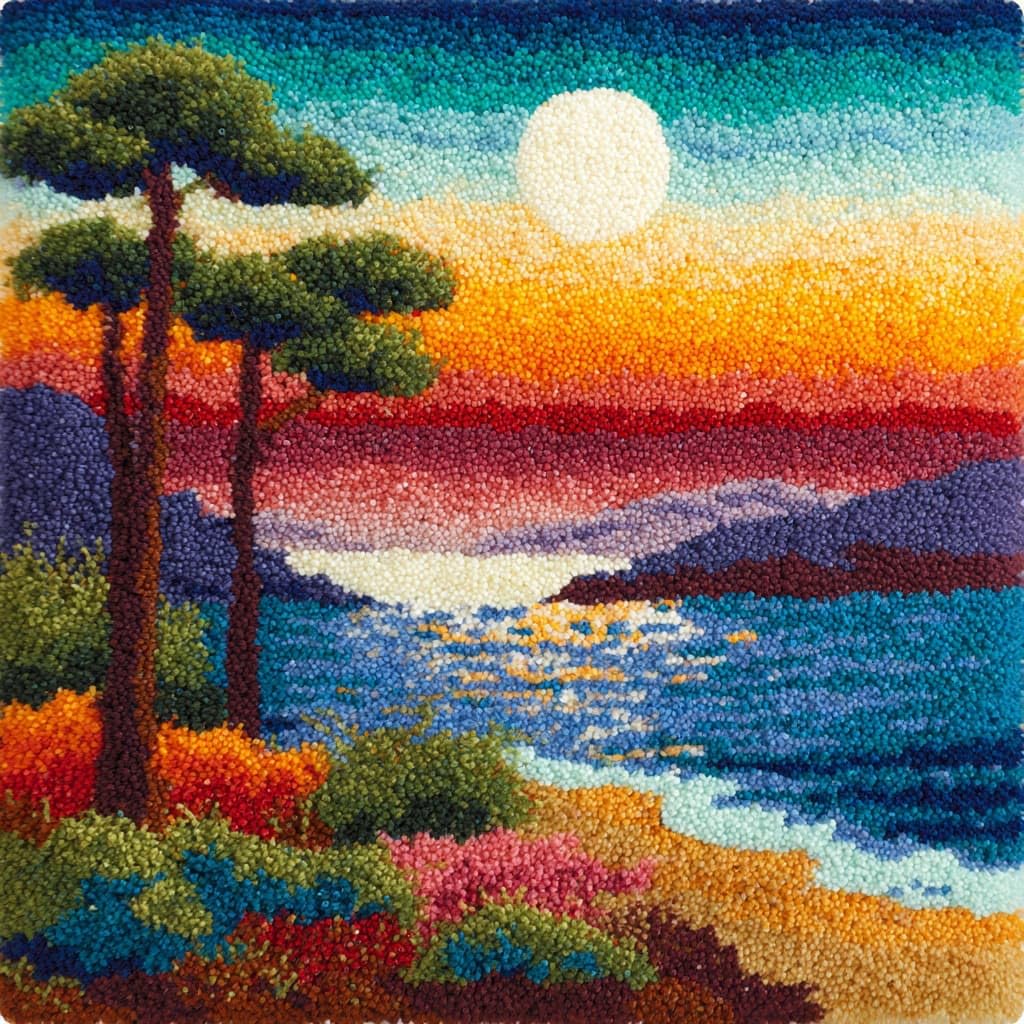 Henypt Latch Hook Pillow Case Kits, Seaside Scenery