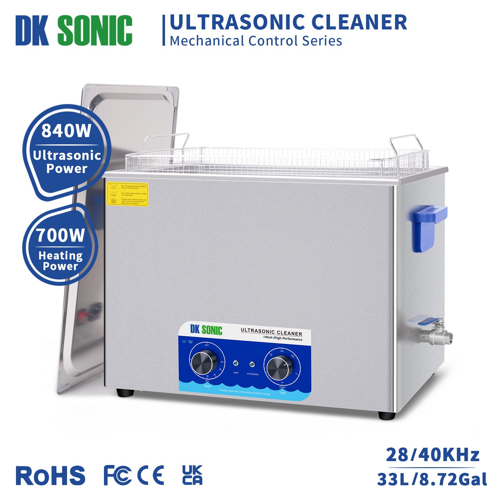 DK SONIC Ultrasonic Cleaner with Heater,Timer and Basket for Lab Tools, Metal Parts, Carburetor, Fuel Injector, Brass, Auto Parts, Engine Parts(33L, 110V)