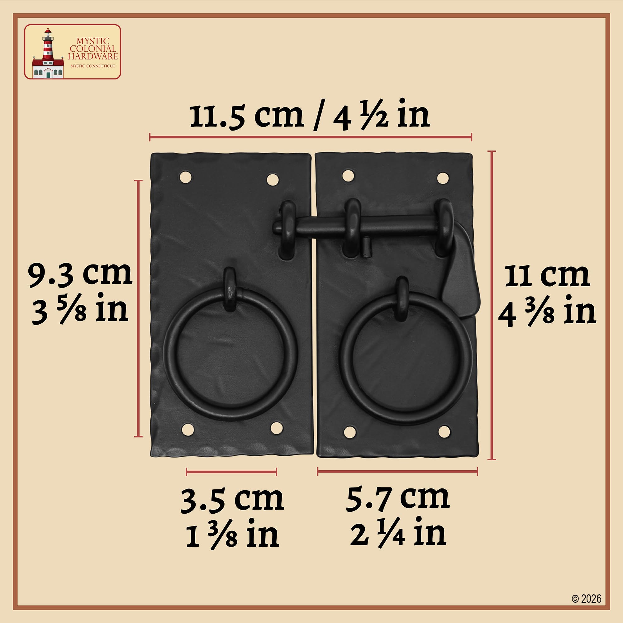 Mystic - Set di chiavistelli in ferro forgiato a mano, stile rustico, con maniglie ad anello, per cancelli, porte del fienile, capannoni e armadi