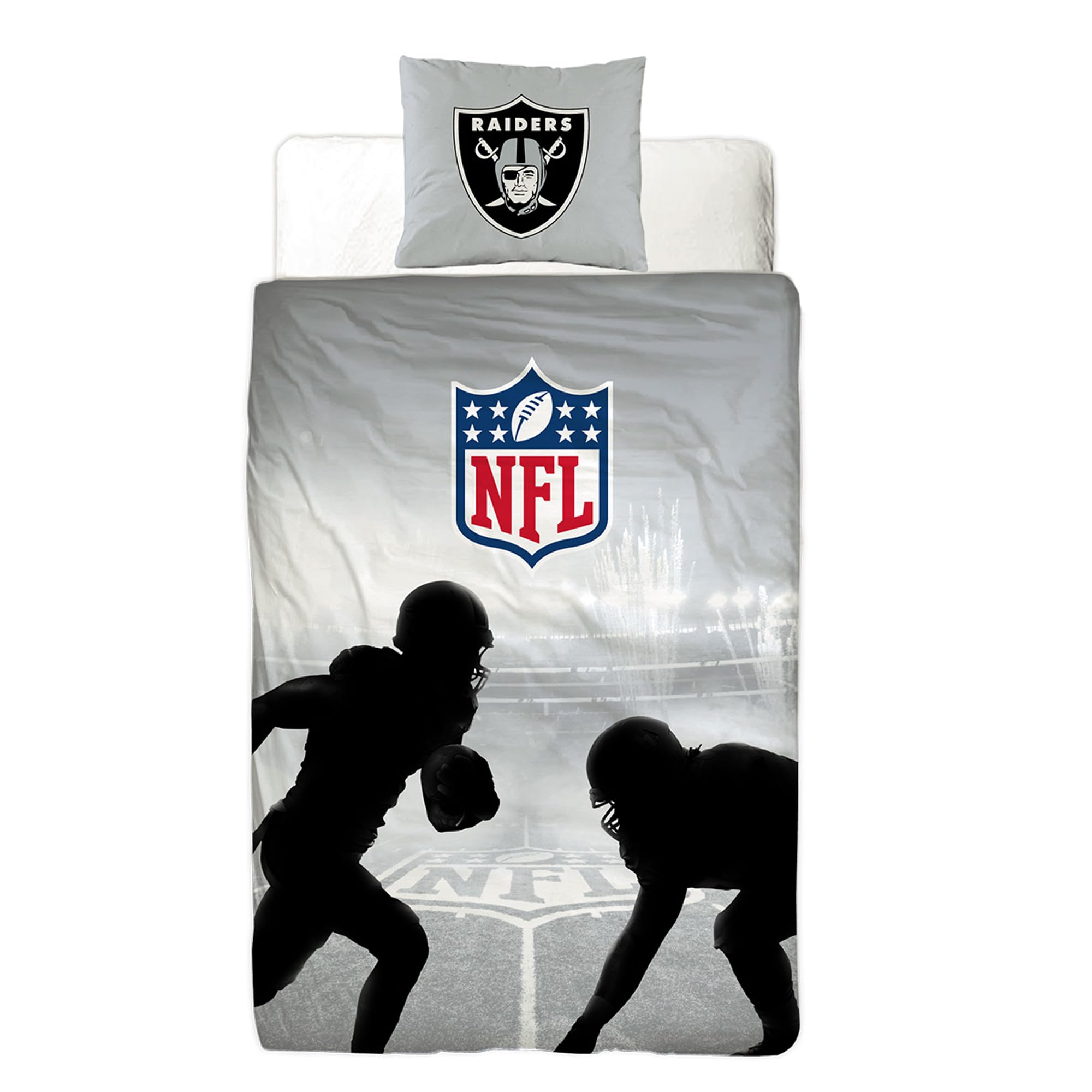 BERONAGE NFL Bettwäsche Las Vegas Raiders 135 x 200 cm + 80 x 80 cm 100% Baumwolle Renforcé-Linon-Qualität Reißverschluss American Football Fan Super Bowl Allegiant Rusher Wende-Bezug deutsche Größe