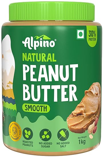 ALPINO Natural Peanut Butter Smooth 1kg - Made with 100% Roasted Peanuts - 30g Protein, No Added Sugar & Salt, non-GMO, Gluten Free, Vegan  Plant Based, Unsweetened Peanut Butter Creamy