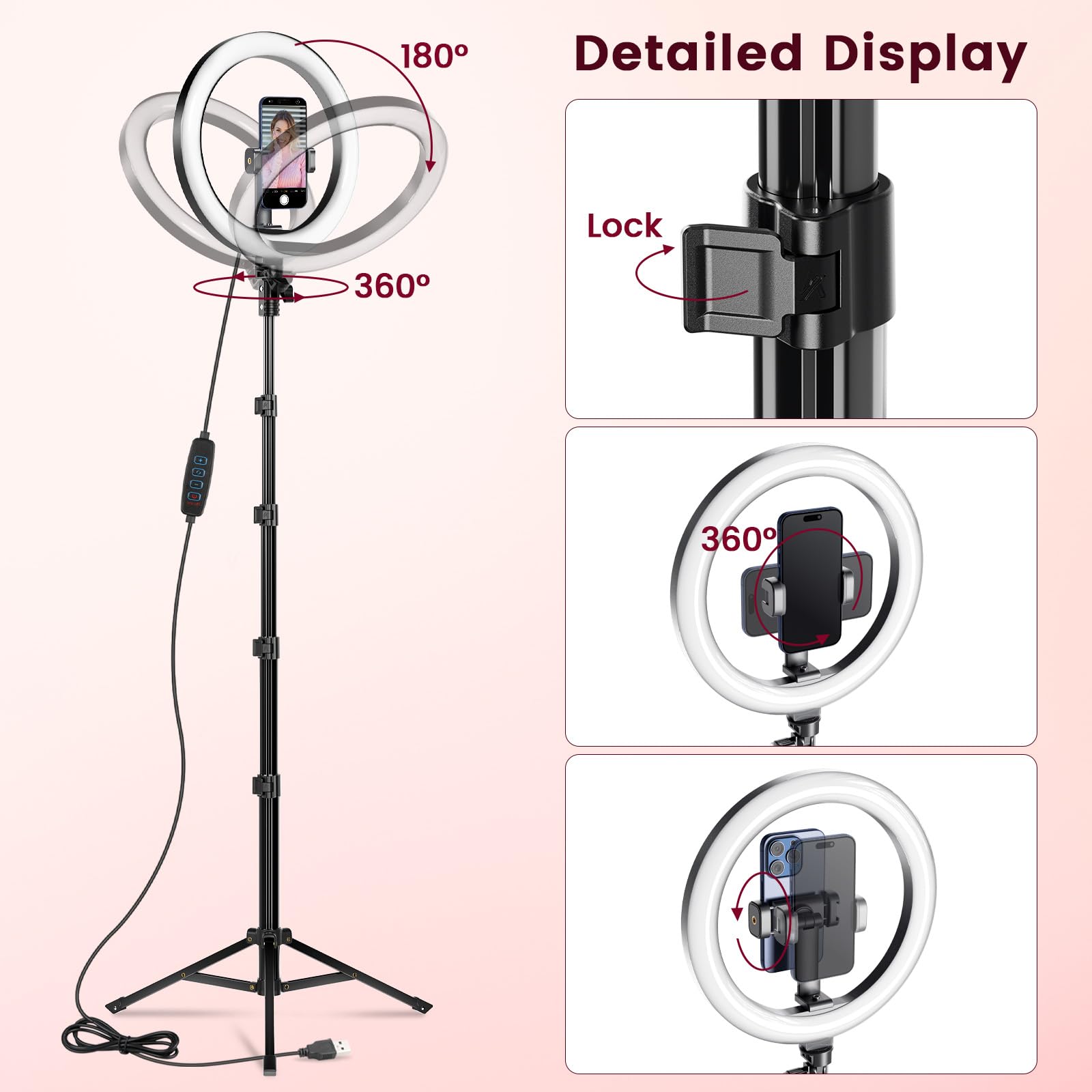 Ring Light Professionale, 10" Ring Light Telefono con 62" Treppiede Alto & 3 Modalità, Luce per Selfie, Trucco, Video e Fotografia