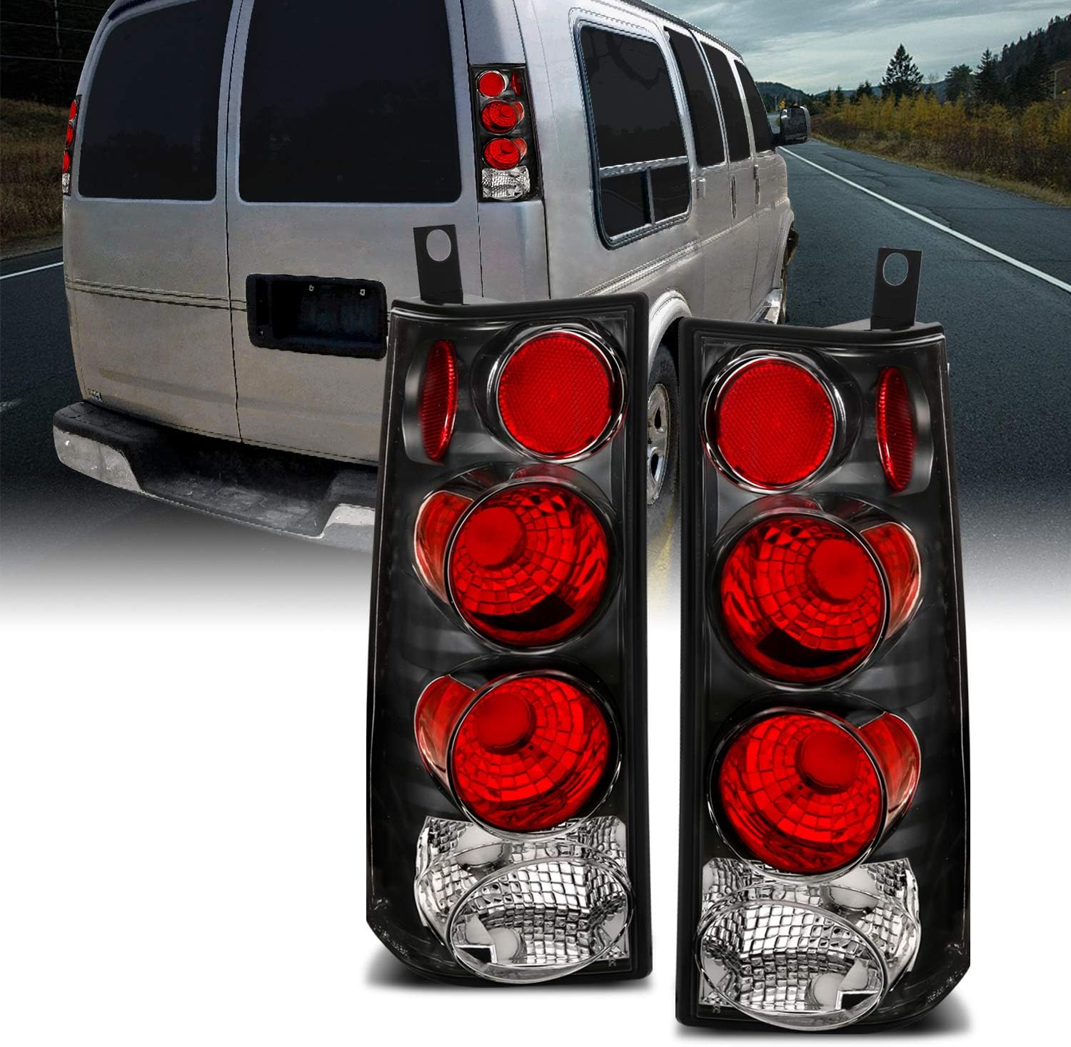 AmeriLite Halogen Taillights Assembly With Brake Lamps Replacement Set For 2003-2019 Chevy Express/GMC Savana Van Euro - Passenger and Driver Side, Vehicle Light Assembly, Black