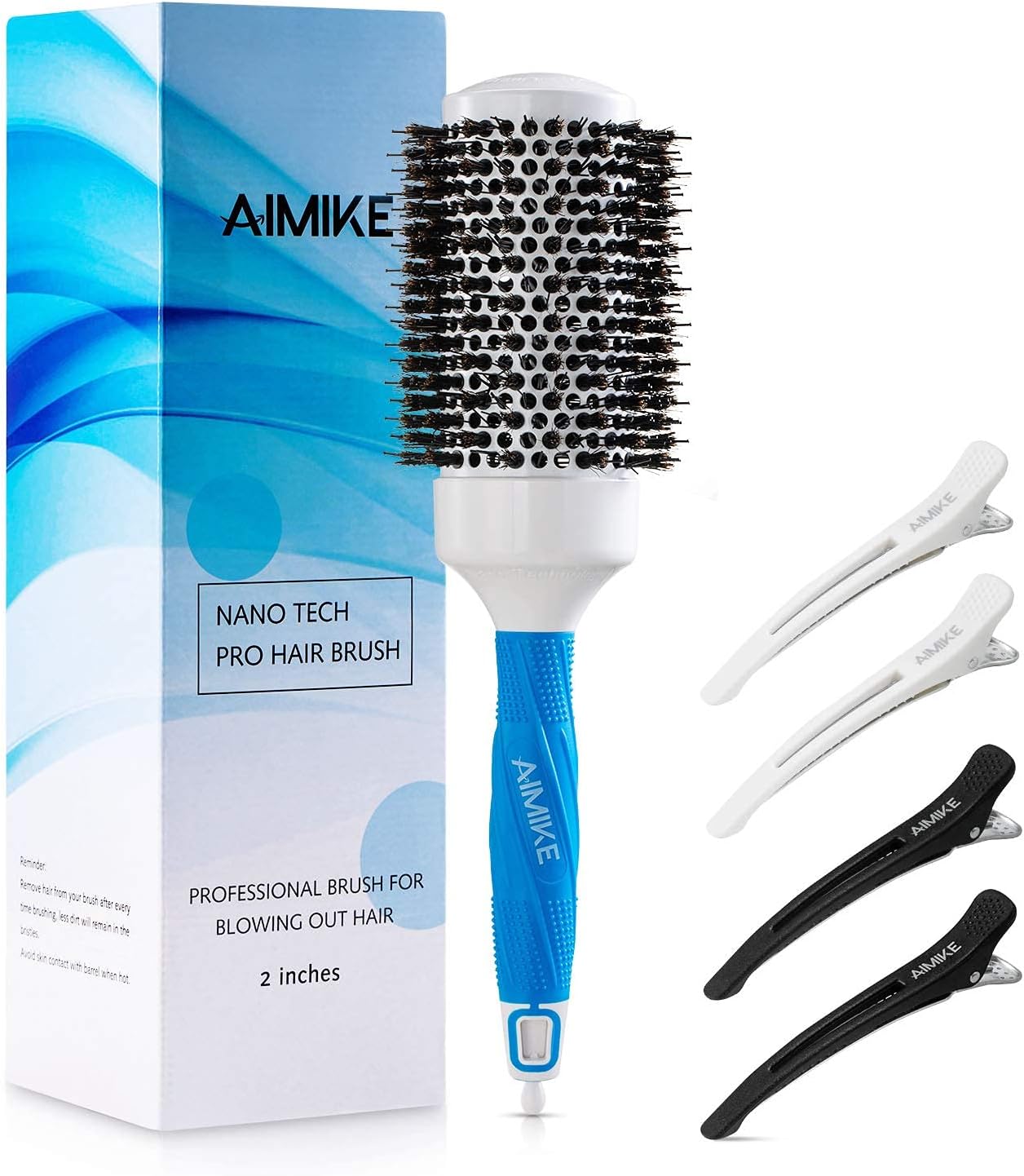 Large Round Brush for Blow Drying, AIMIKE Nano Thermal Ceramic & Ionic Round Hair Brush w/Boar Bristle, Anti-Static Roller Brush for Styling, Curling, Straightening & Blowout Volume (3.3”, Barrel 2”)