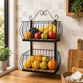 Fruteira de Parede 2 Andares Rústica em Ferro e Madeira Maciça para Cozinha Área Gourmet e Organização Decorativa